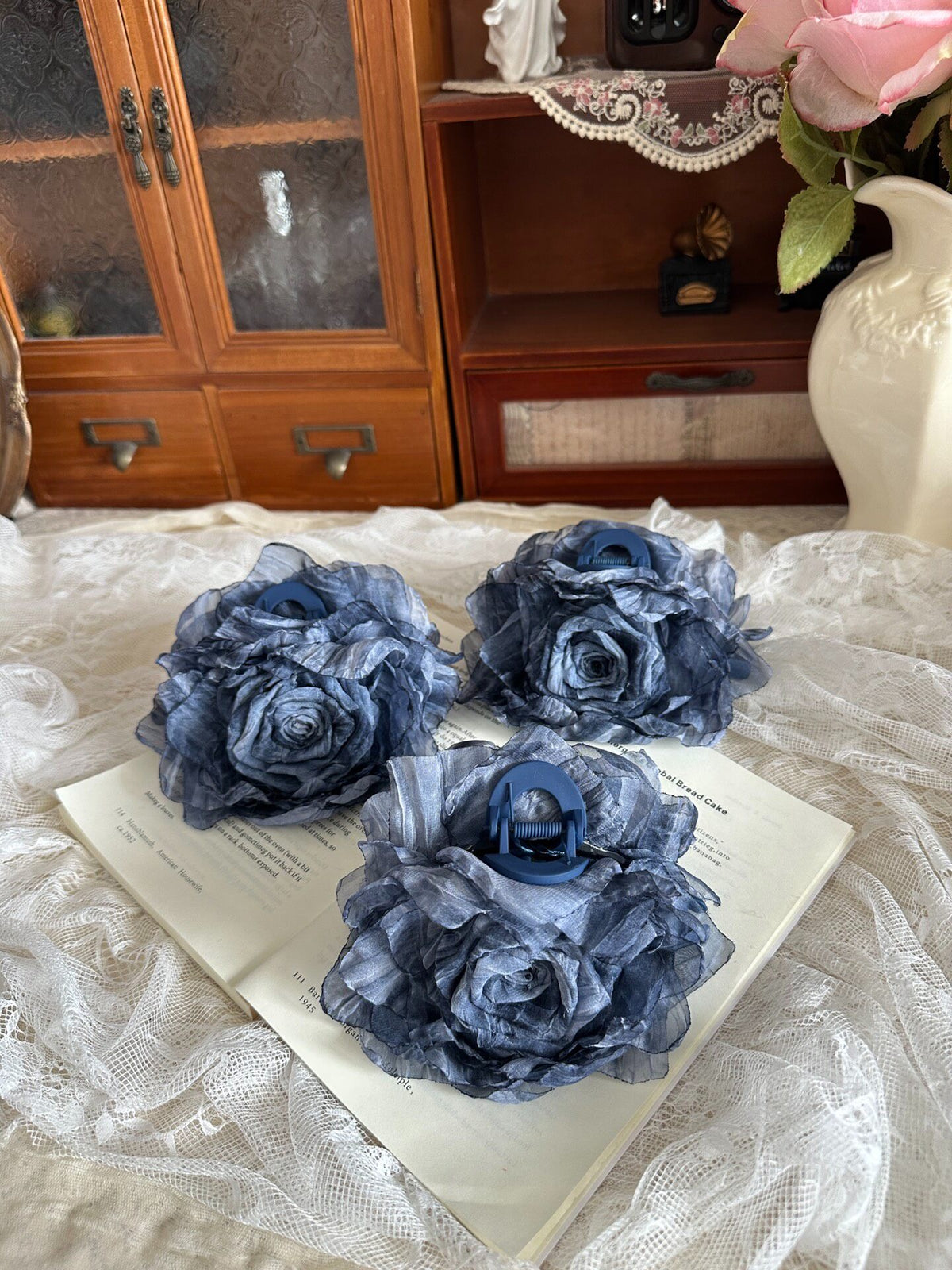 Indigo Fabric Rose Hair Claw Clip