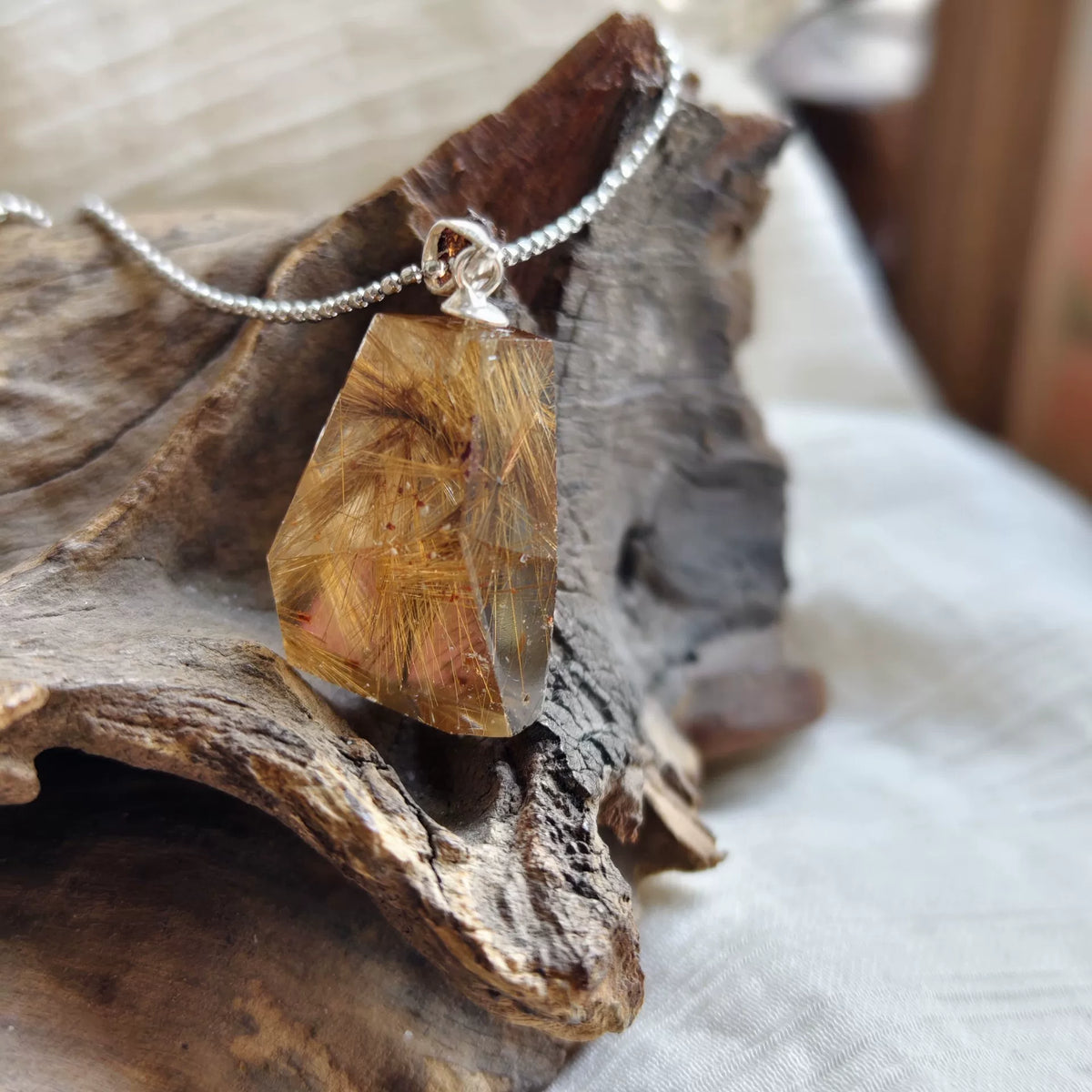 Rutilated Quartz Titanium Pendant with Ball Chain