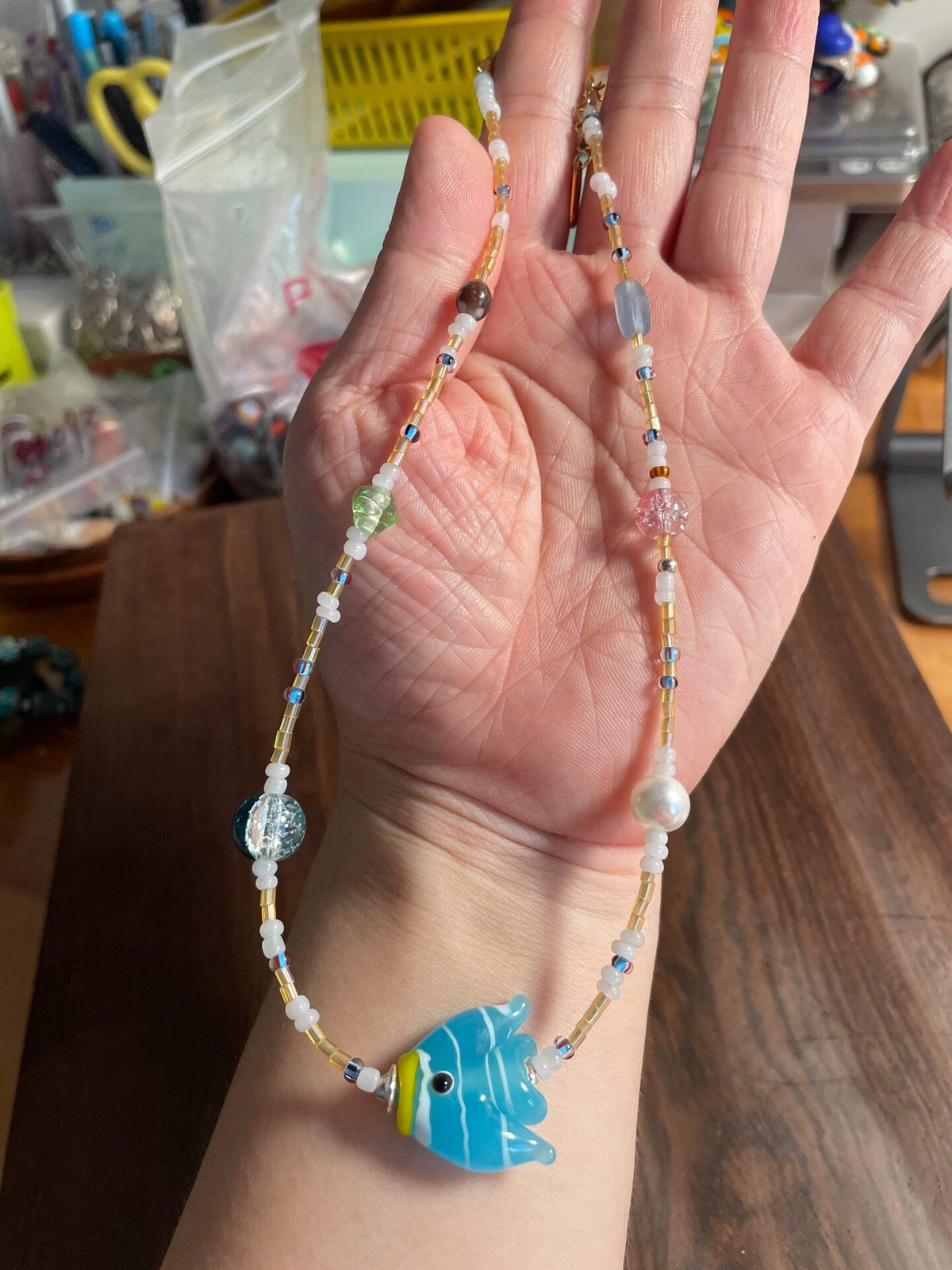 Handcrafted Beaded Necklace Blue Fish Pendant