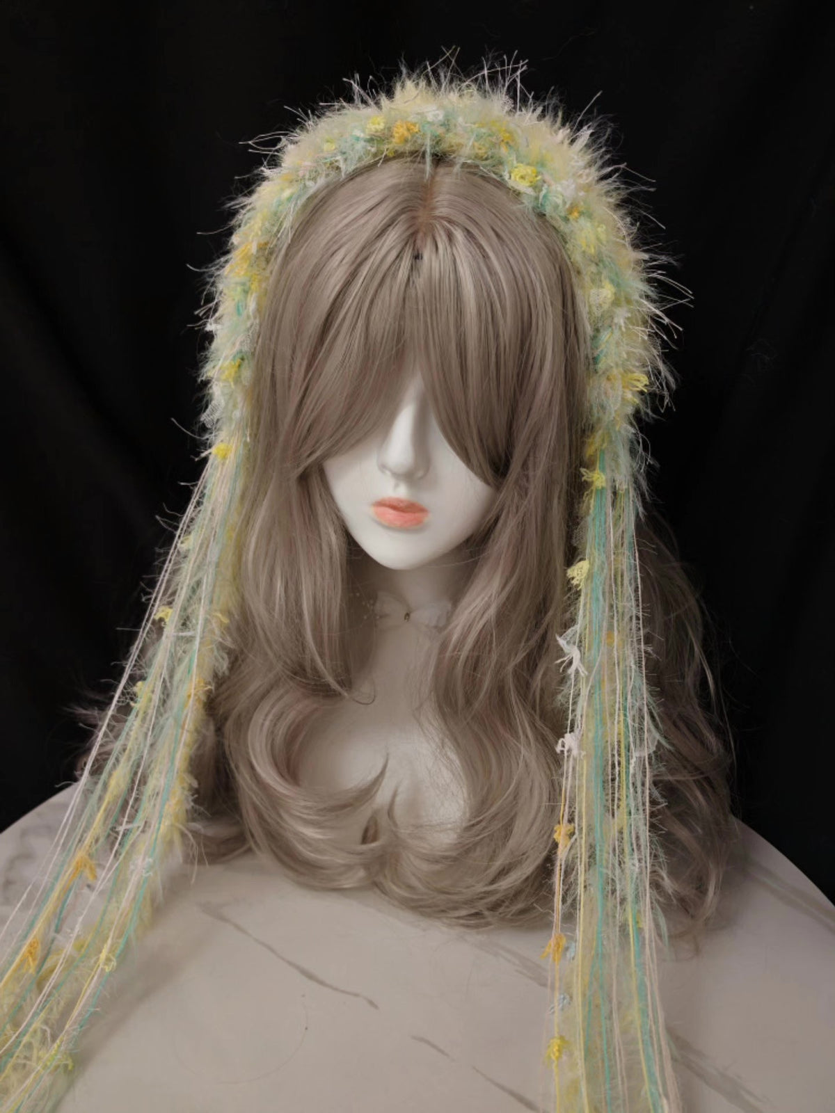 Fuzzy Tassel Headband Pastel Yellow Green