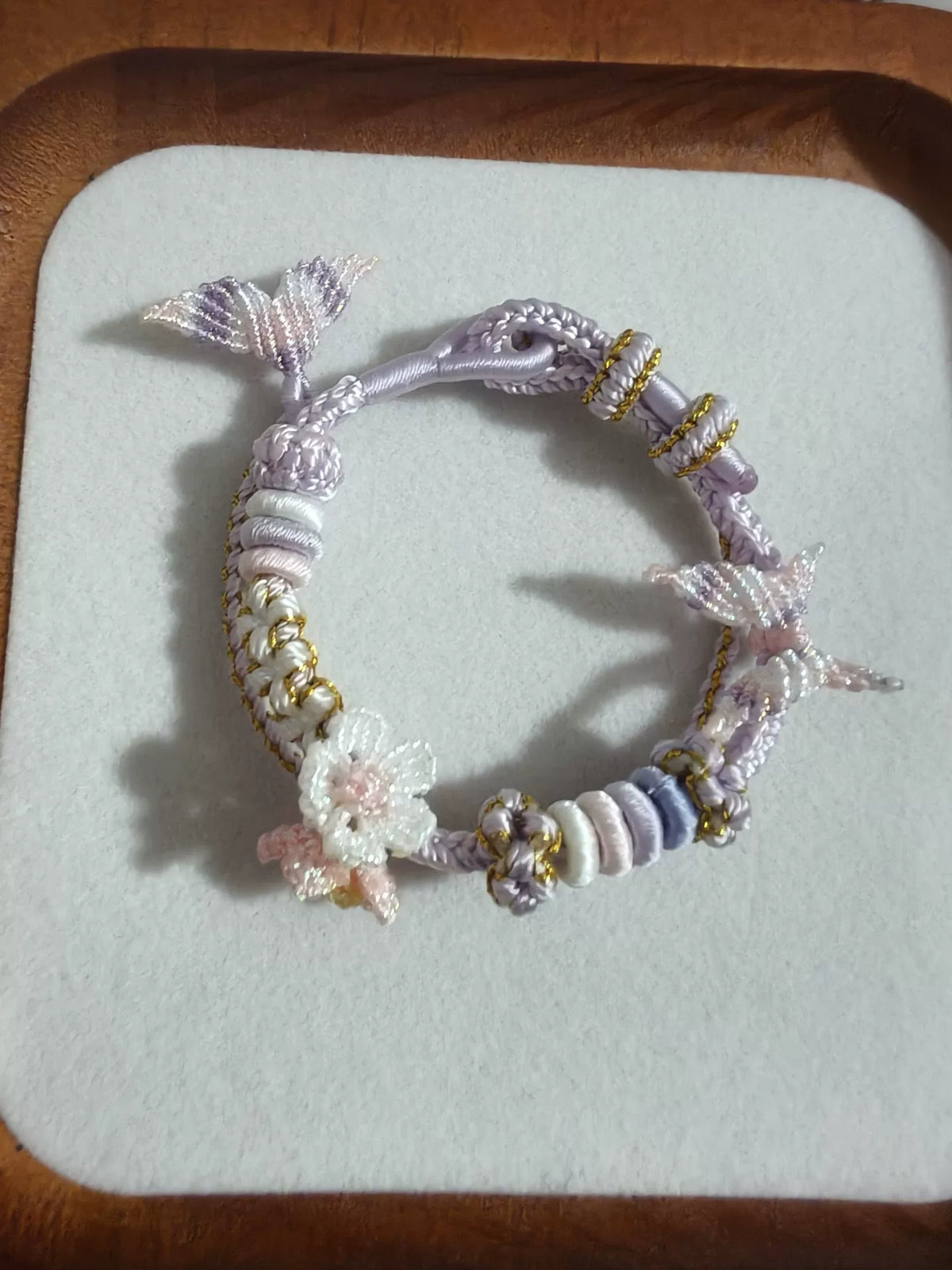 Pulseira de Cordão Trançada à Mão Lavanda e Branco Dourado