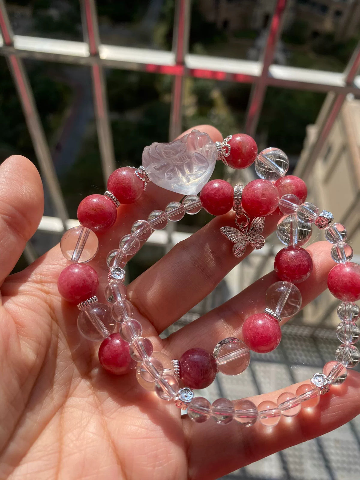 Rhodonite Helder Kwarts Vos Hart Armband Set