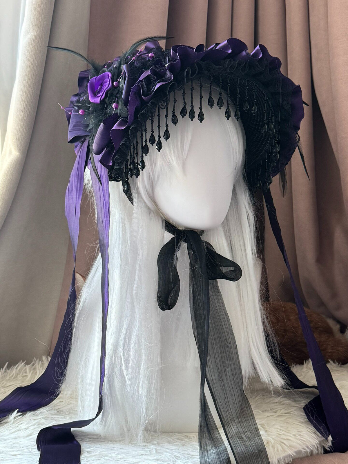 Purple Gothic Lolita Bonnet with Black Beads