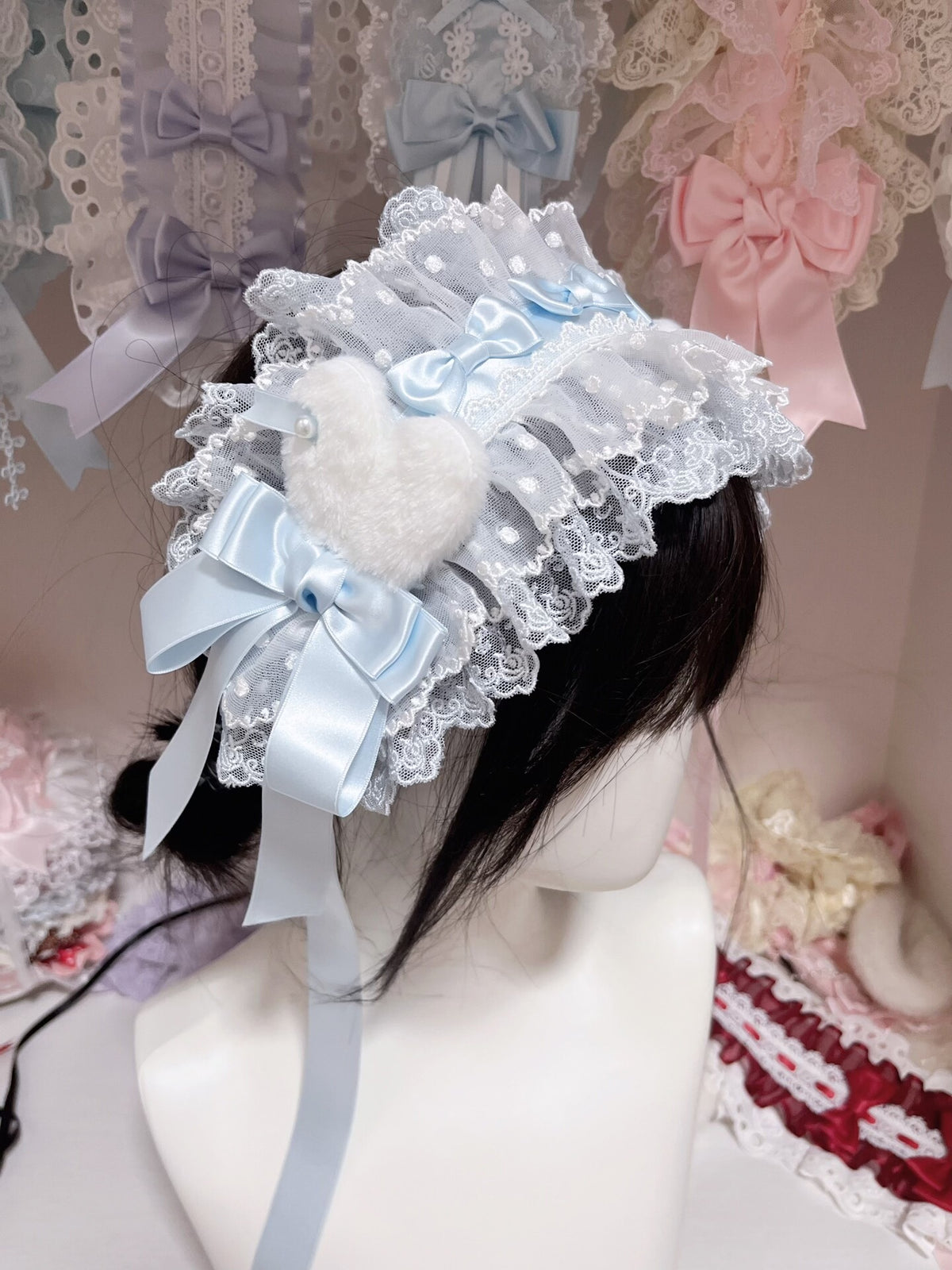 Baby Blue Lolita Bonnet with Heart Appliques