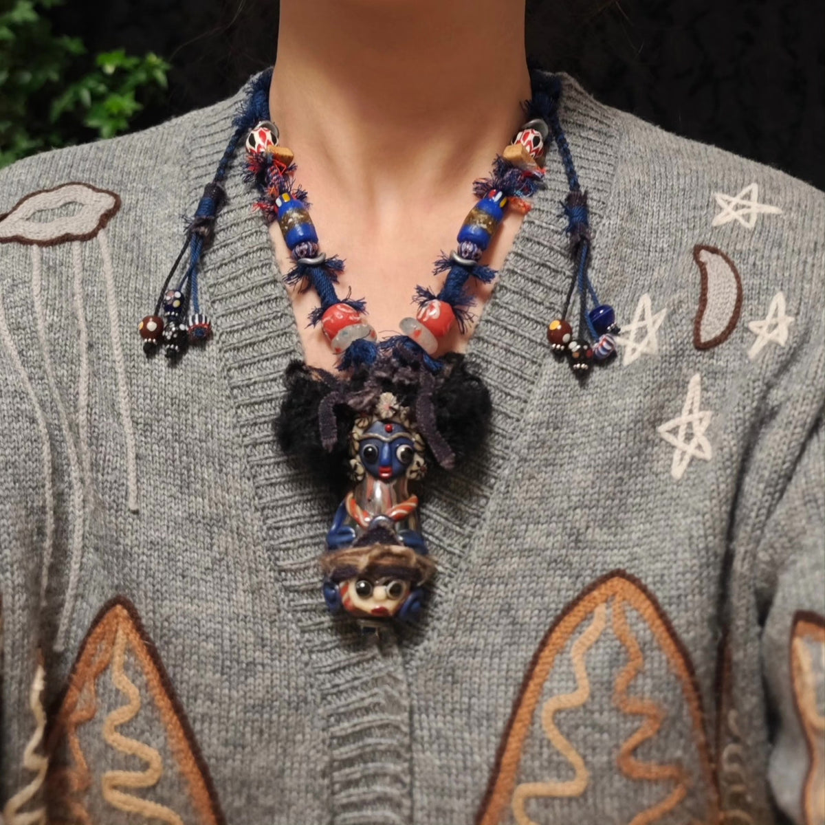Double Faced Phoenician Glass Doll Necklace