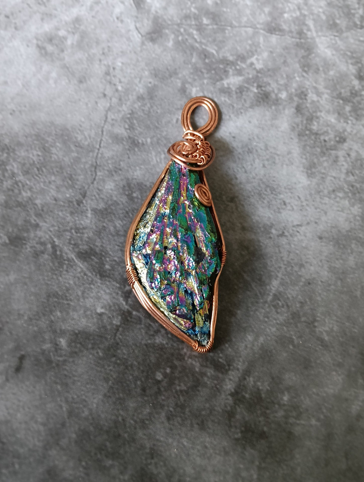 Copper Wire Wrapped Iridescent Stone Pendant