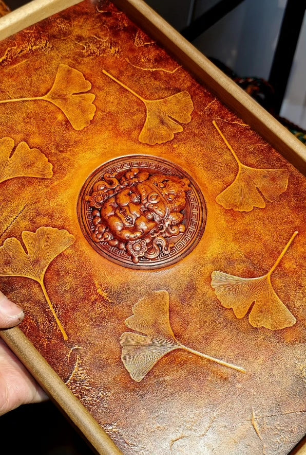 Cowhide Decorative Tray with Wealth God Relief