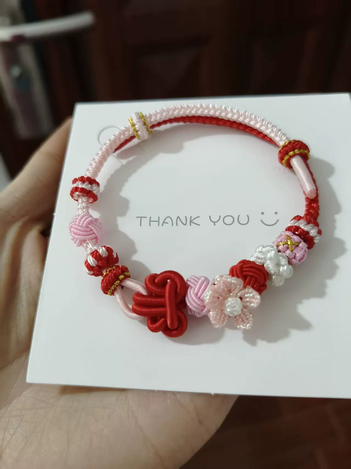 ハンドメイド 赤×ピンク 編みコードブレスレット