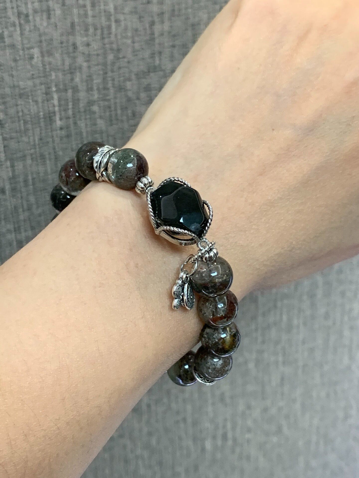 Green Phantom Quartz Beaded Bracelet with Silver Charm