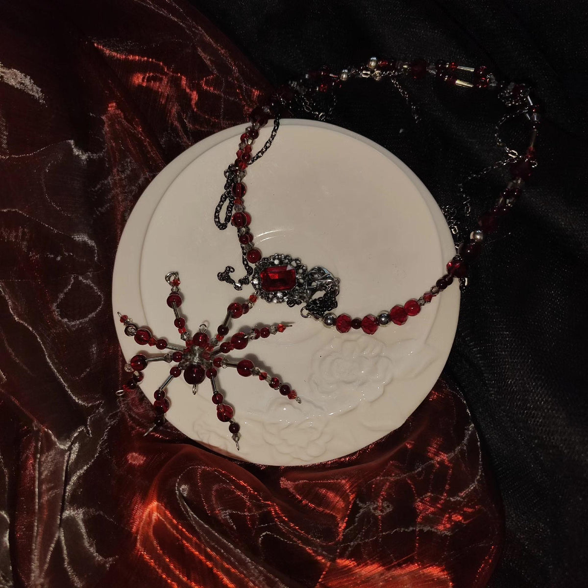 Articulated Spider Gothic Necklace Red Beads