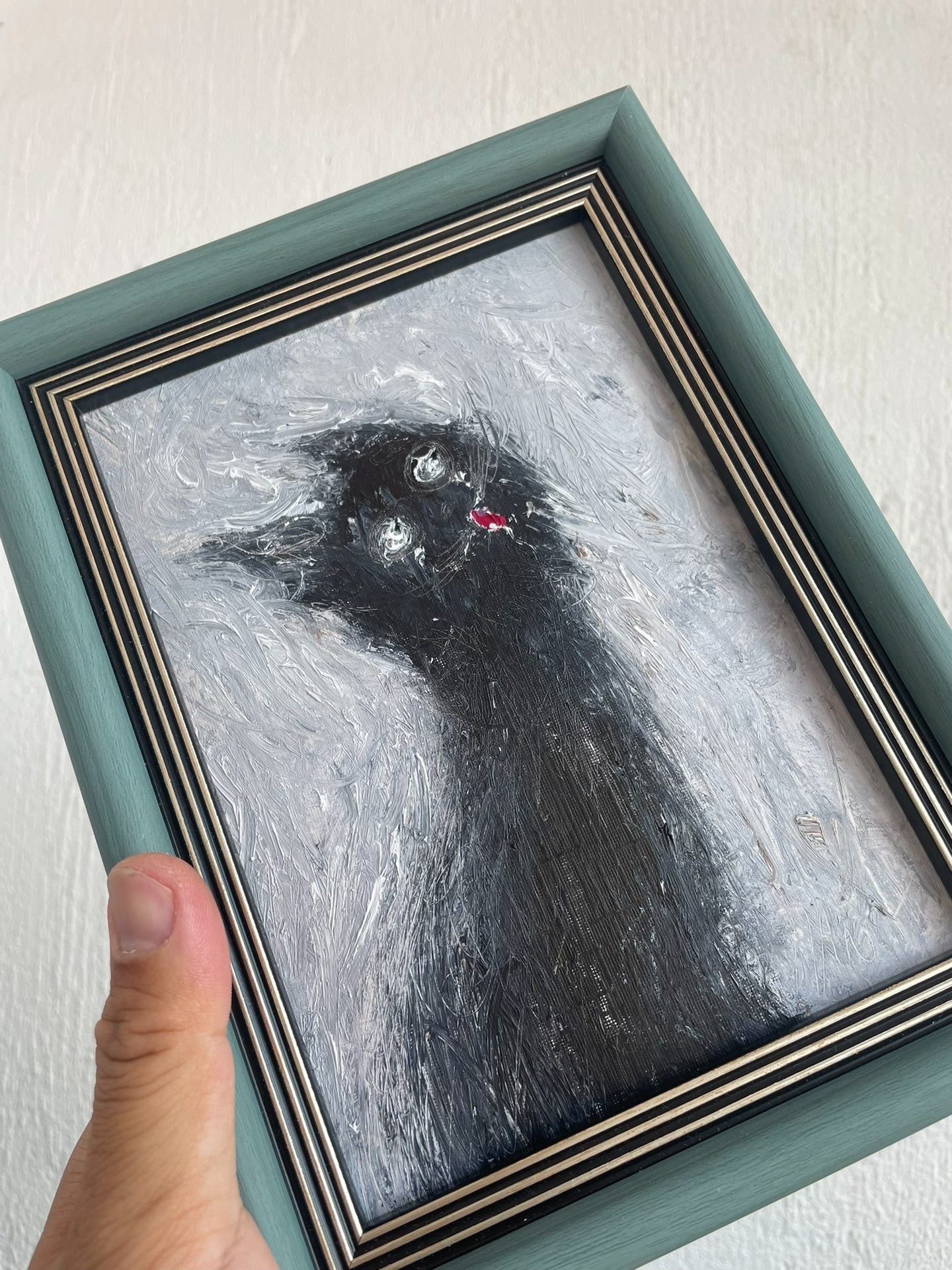Hand-Painted Oil Artwork Black Cat Teal Frame Tabletop Display