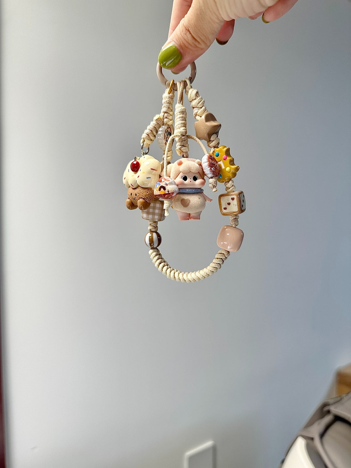 Handmade Braided Cord Phone Charm with Beige Ring