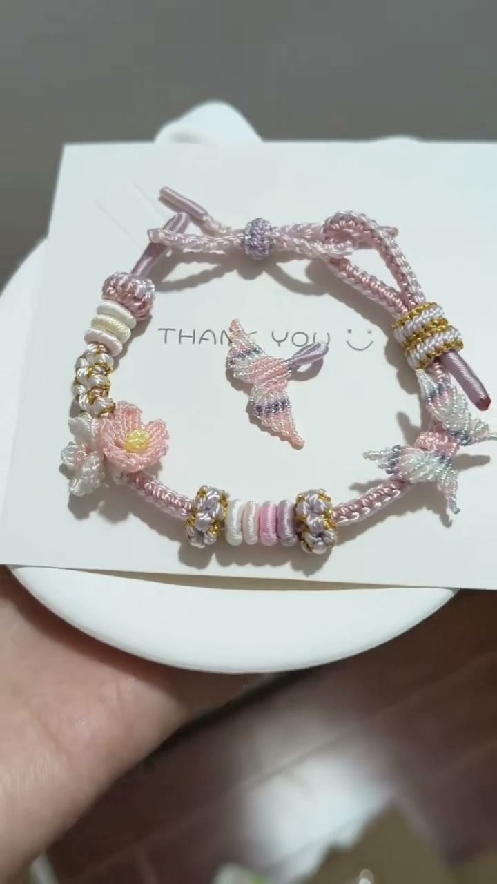 Handwoven Pink Flower Bracelet