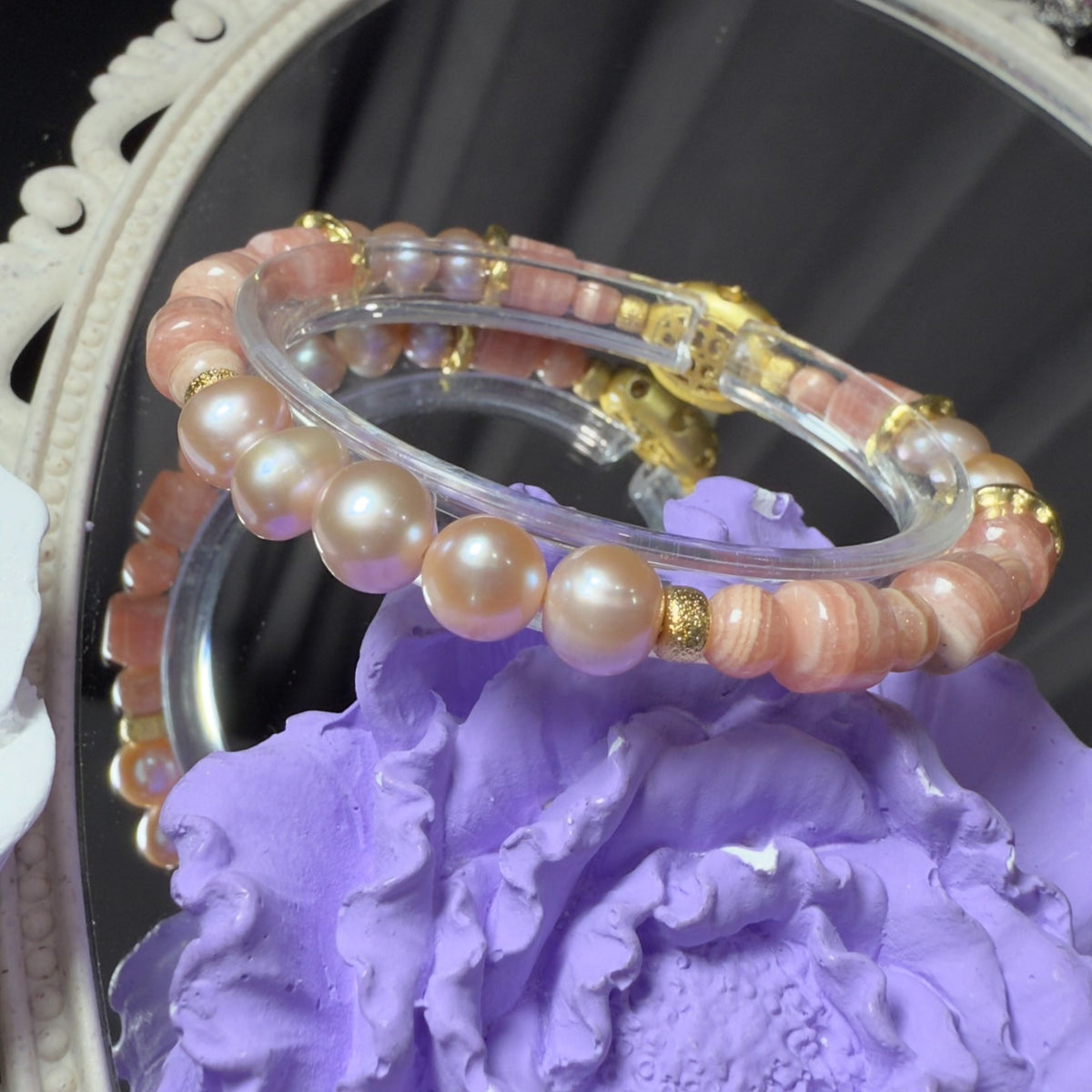 Rhodochrosit Perlenarmband mit rosaem Chalädon