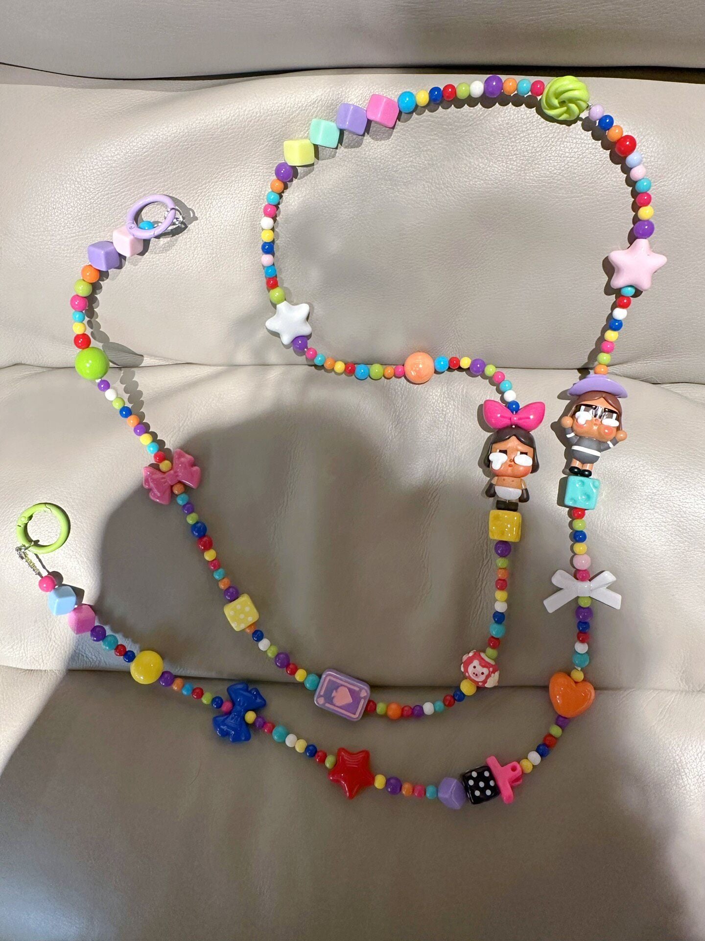 Colorful Beaded Phone Strap with Character Figures and Carabiner Clips