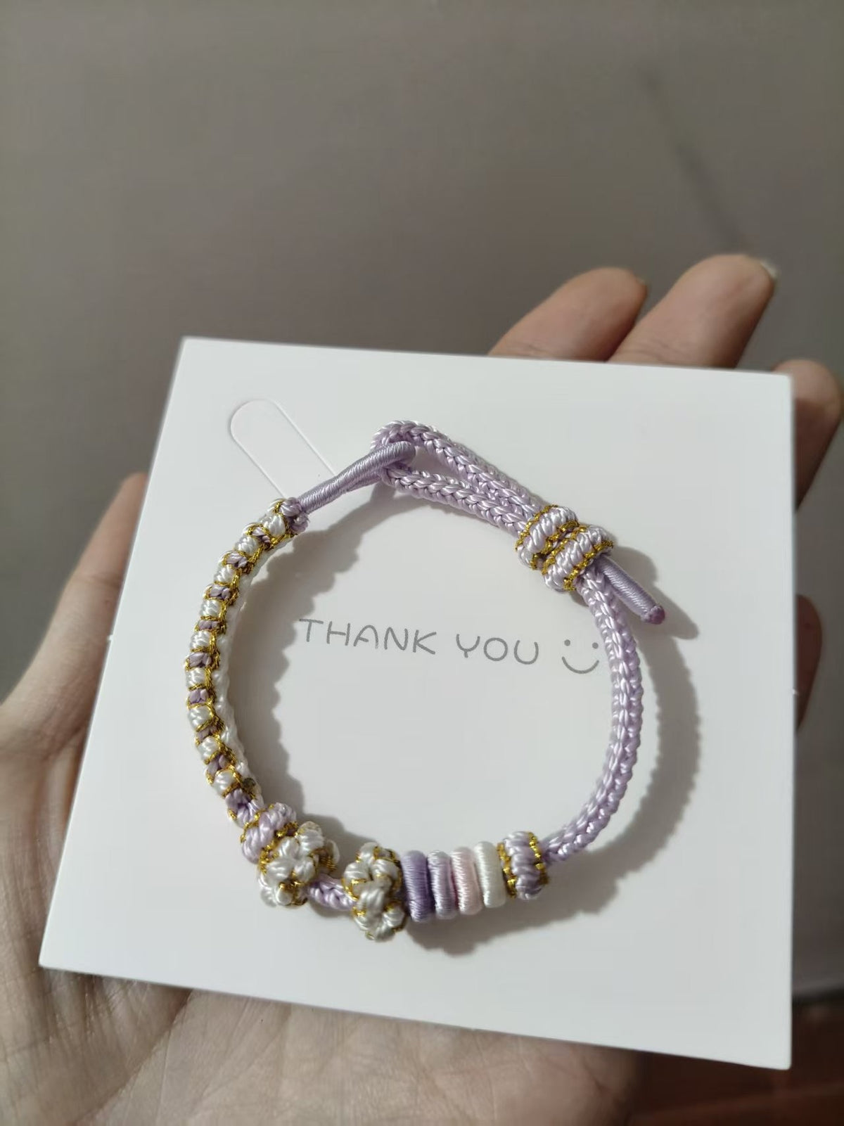 Handwoven Purple White Gold Knot Bracelet