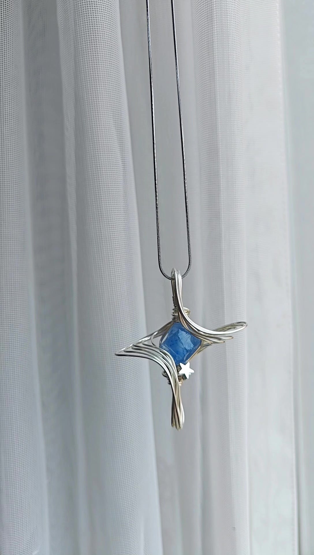 Handcrafted Wire Wrapped Necklace Blue Cat Eye Star