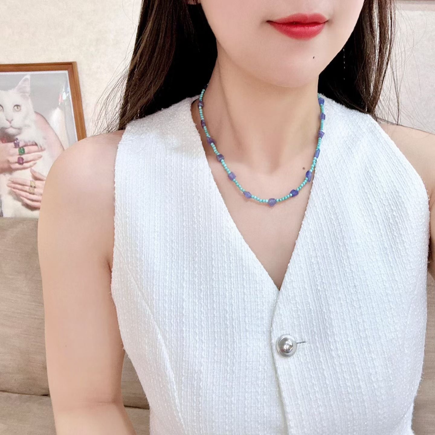 Irregular Tanzanite and Turquoise Beaded Necklace, 43.5cm