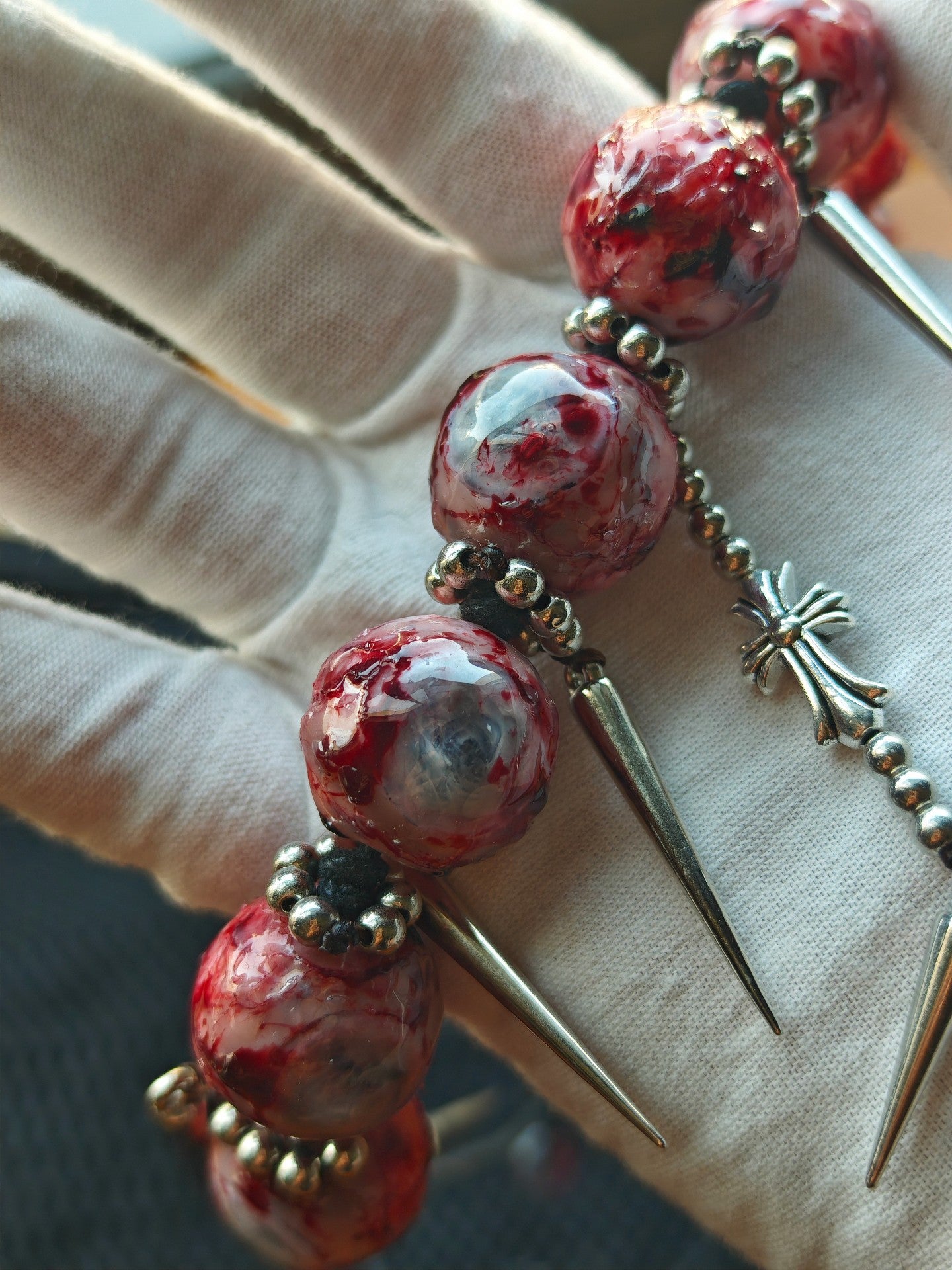 Cthulhu Eye Custom Clavicle Necklace with Resin Beads and Metal Spikes