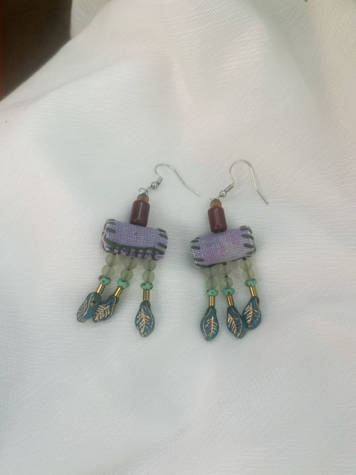 Handmade Fabric Earrings with Leaf Charms