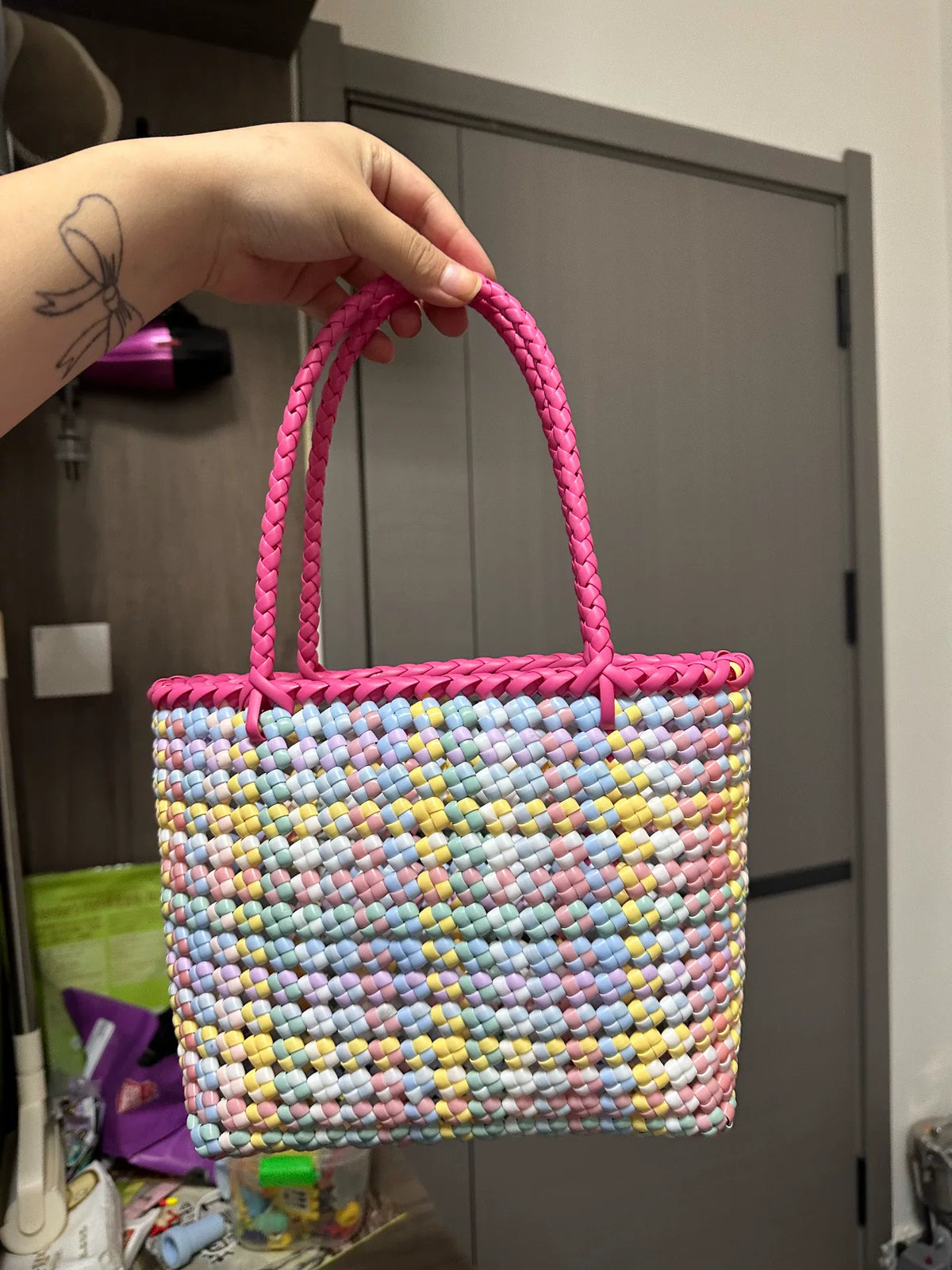Borsa in Rattan Intrecciata a Mano Patchwork Pastello