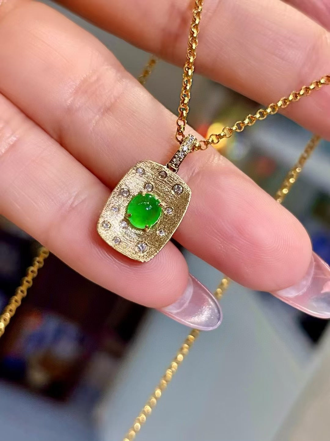 18k Gold Pendant with Oval Green Cabochon and 0.10ct Clear Stones