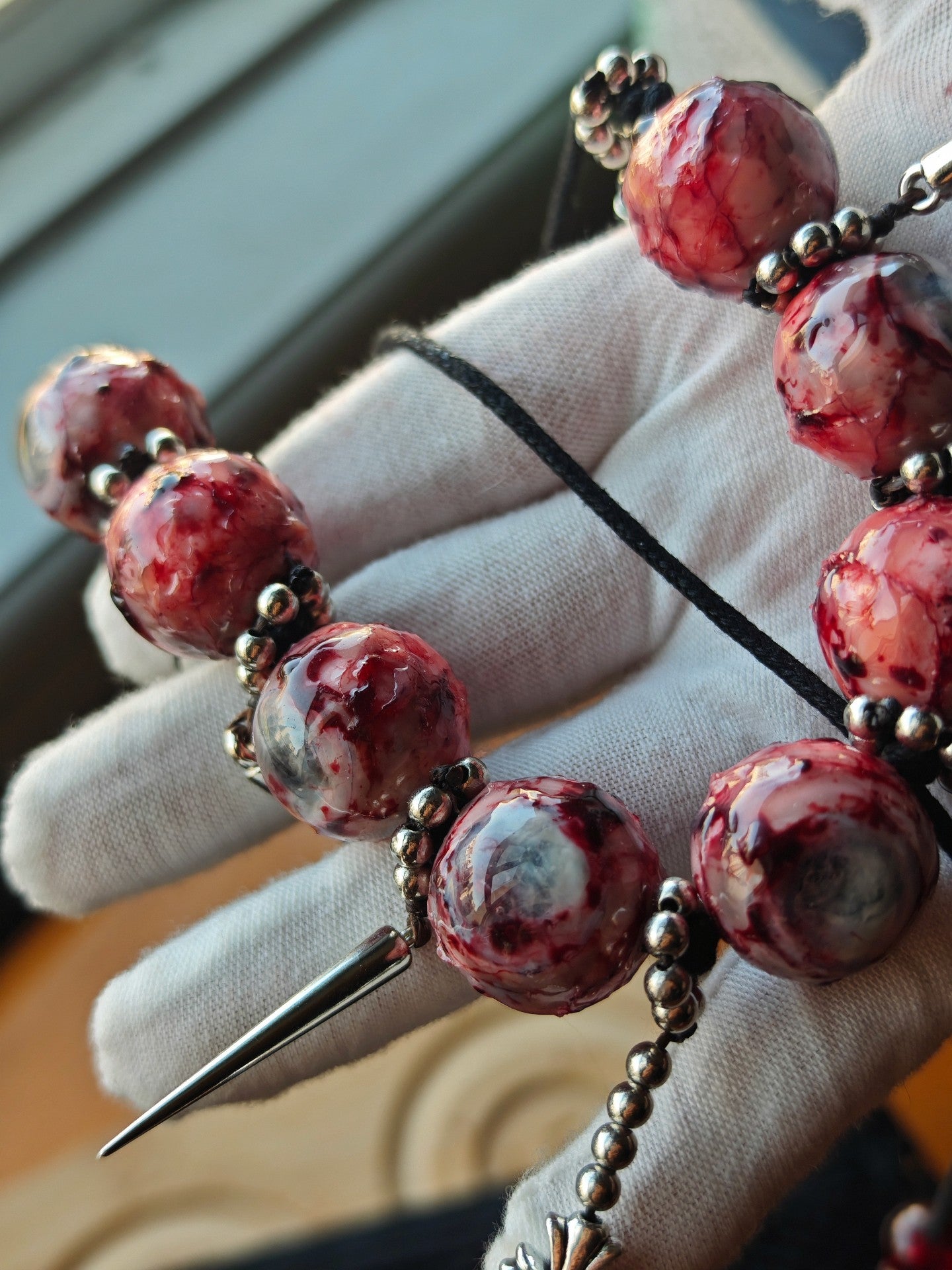 Cthulhu Eye Custom Clavicle Necklace with Resin Beads and Metal Spikes
