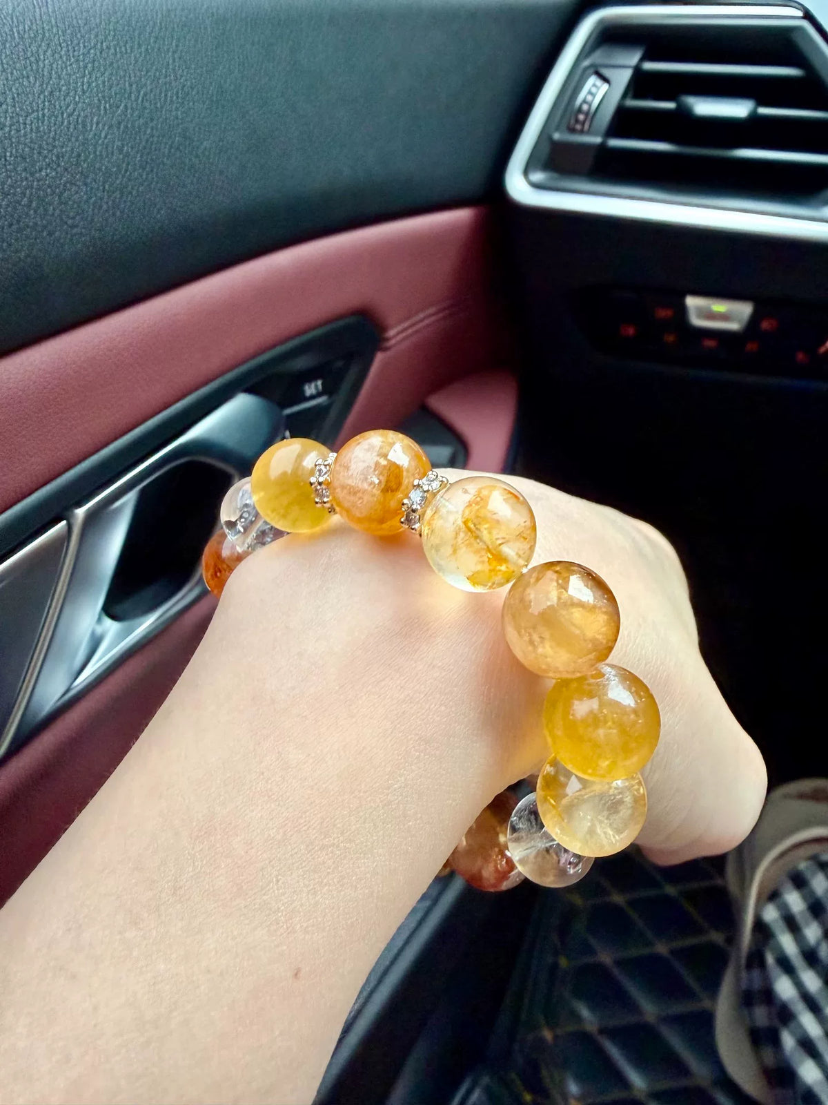 Bracelet perles en fluorite jaune et quartz 12 mm