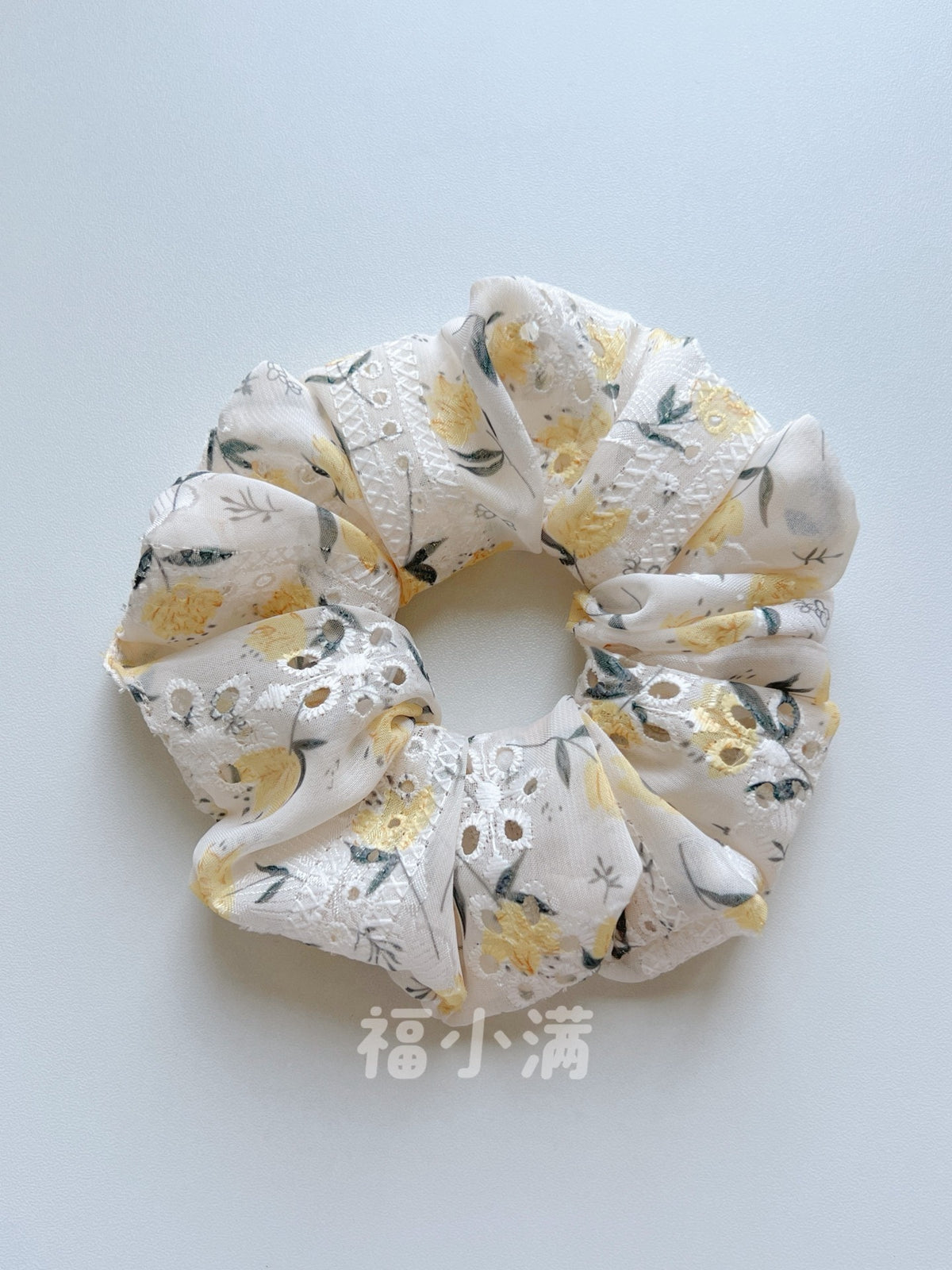 Ruffled Floral Scrunchie with Eyelet Embroidery