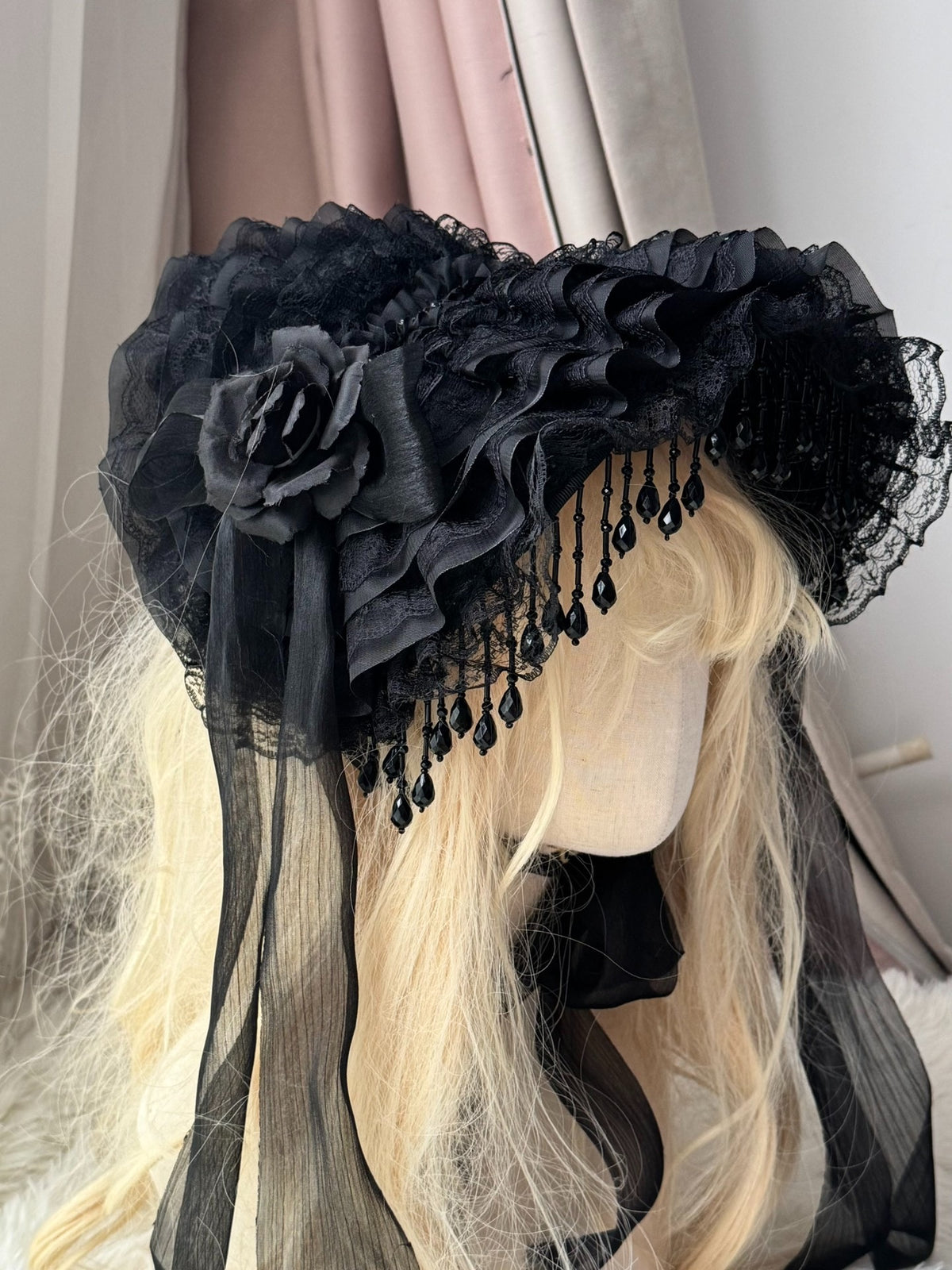 Gothic Lolita Widow Hat with Black Pearl Tassels