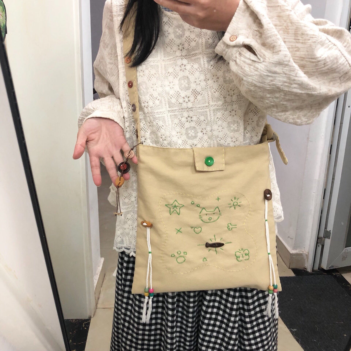 Beige Khaki Canvas Crossbody Shoulder Bag