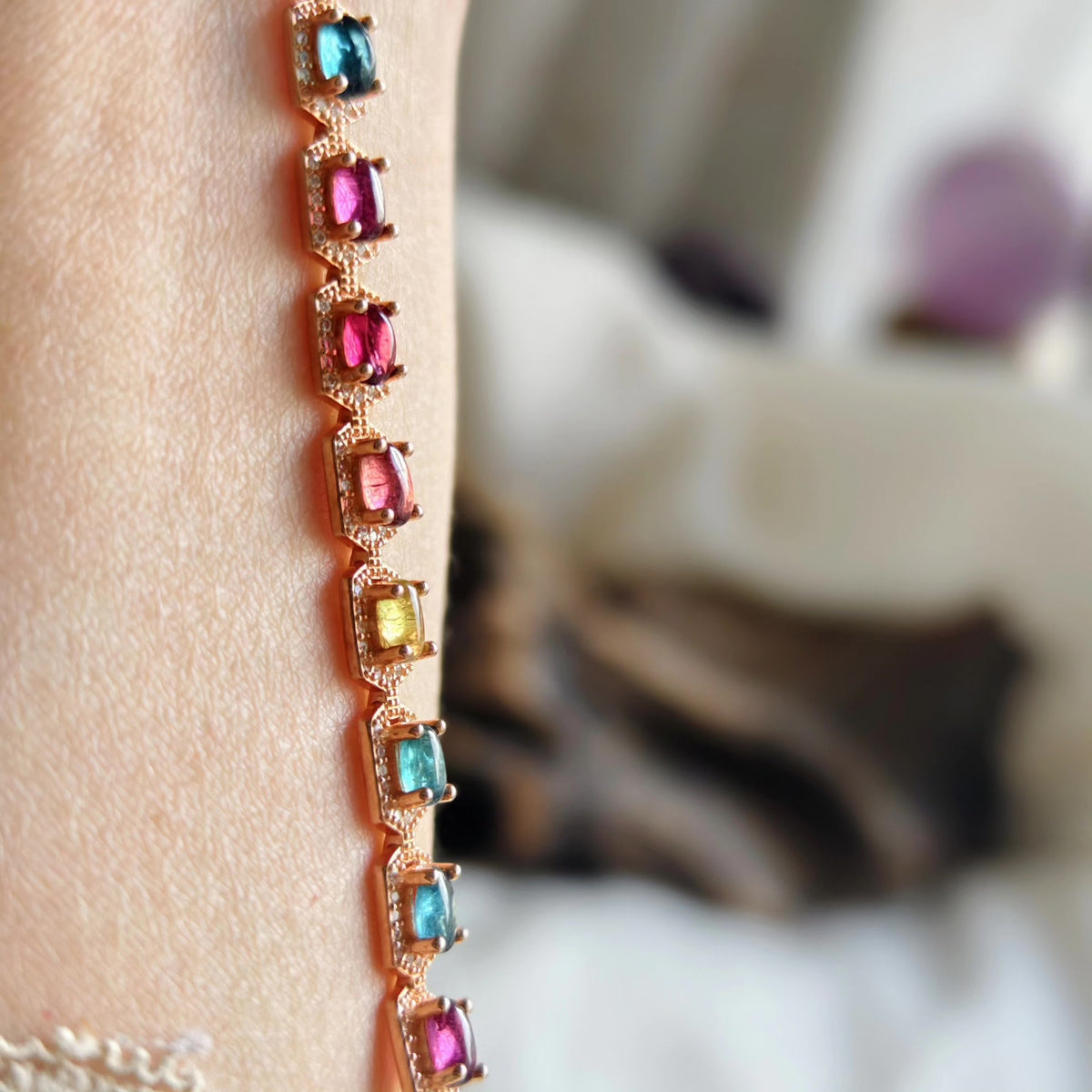 Multicolor Tourmaline Hexagonal Bracelet Rose Gold