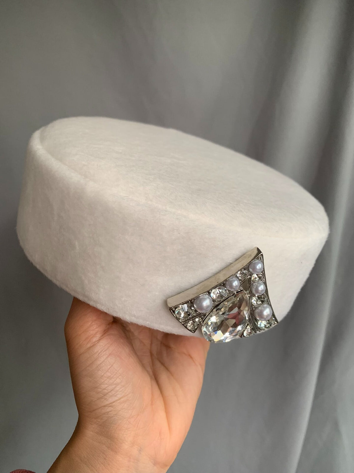 White Wool Felt Pillbox Hat with Brooch