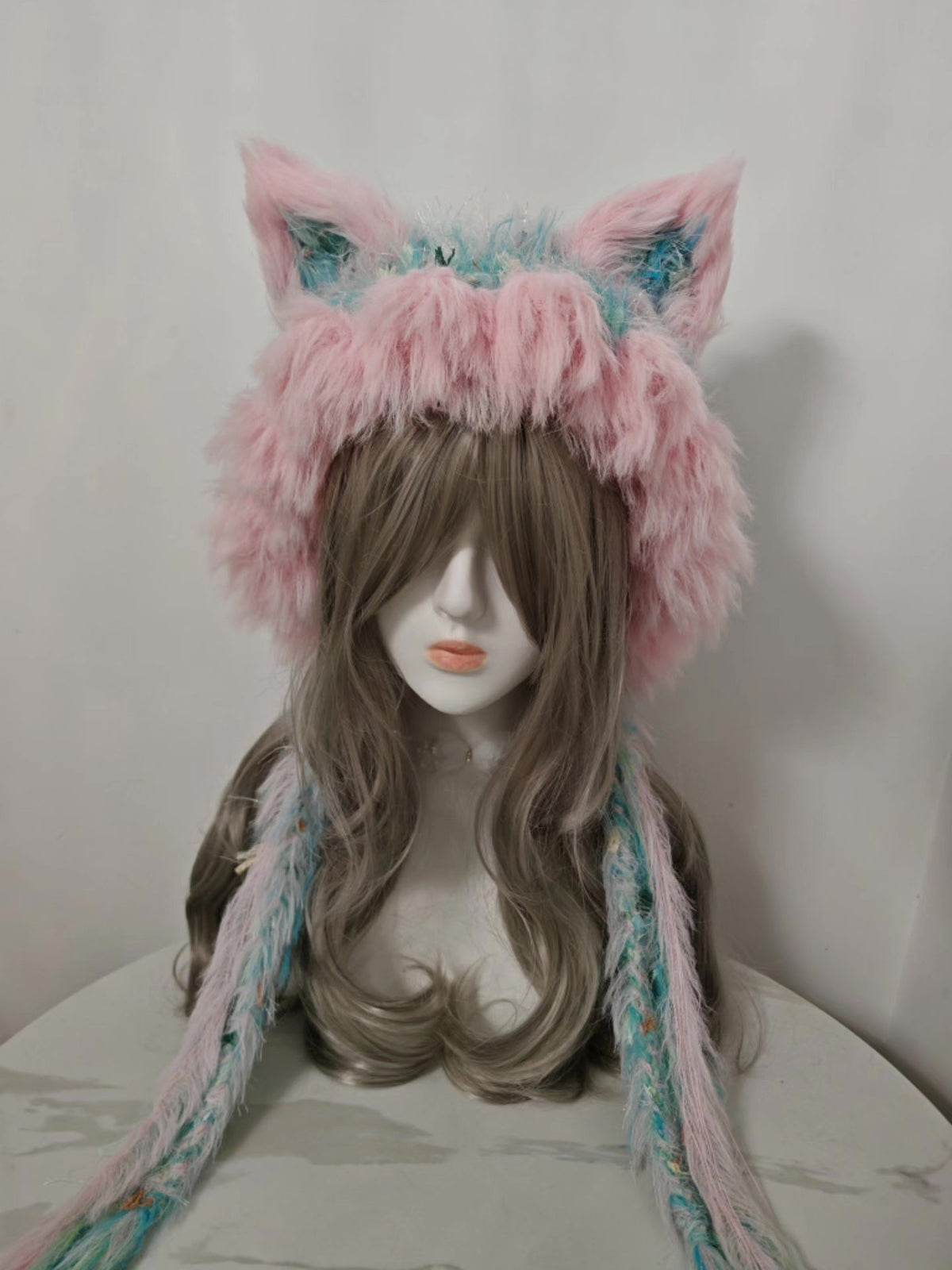 Pink Blue Fox Hat with Braided Tassels