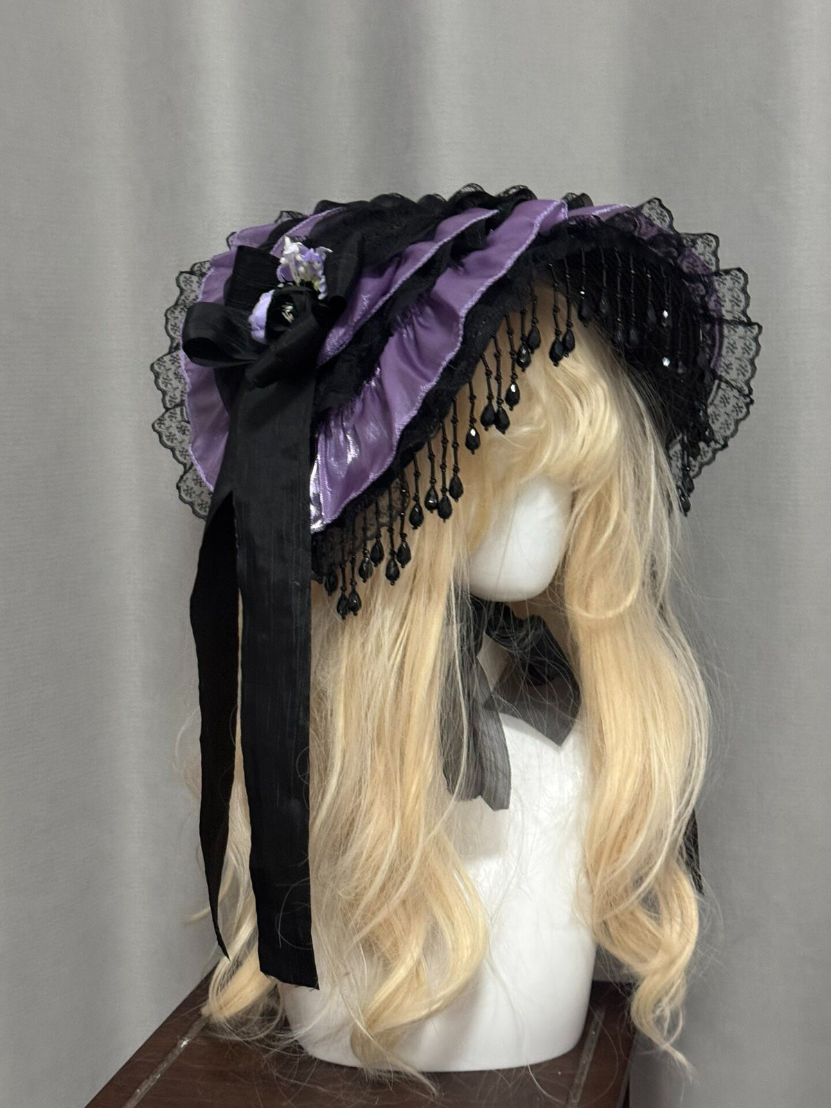 Black Purple Lolita Gothic Lace Bonnet Hat