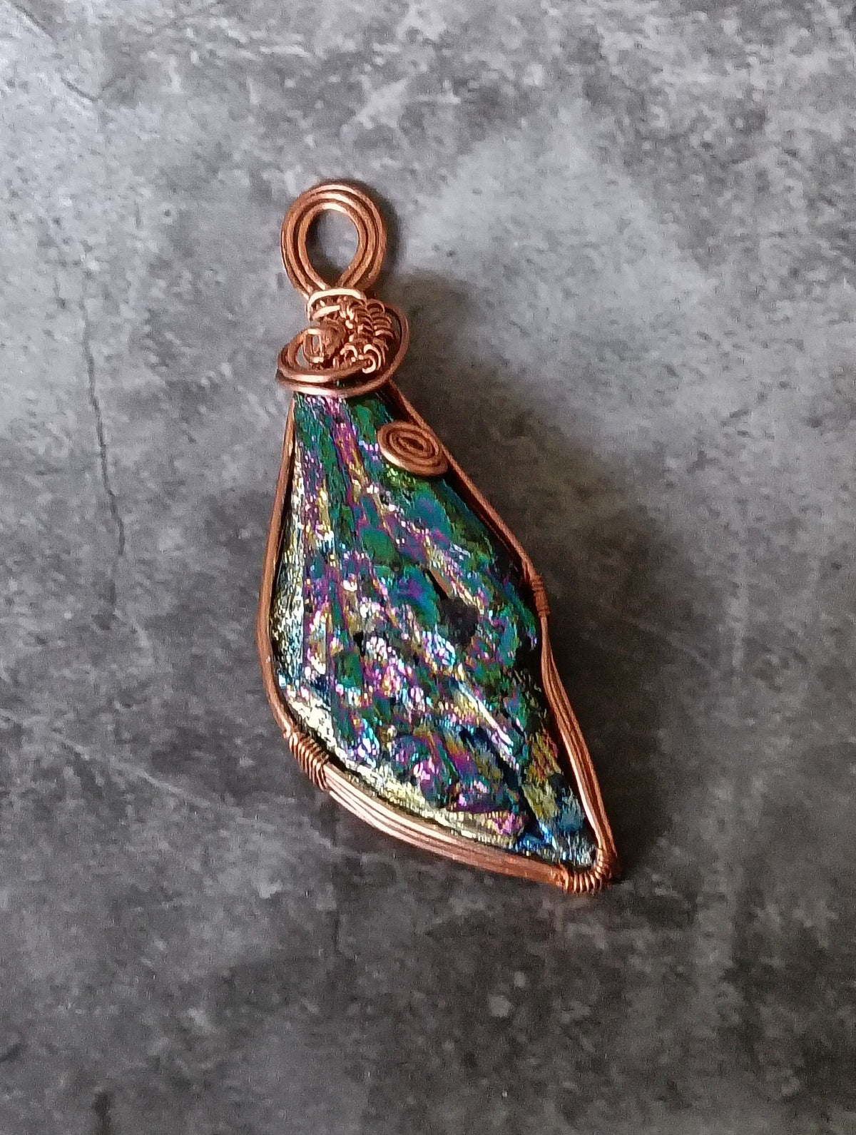 Copper Wire Wrapped Iridescent Stone Pendant