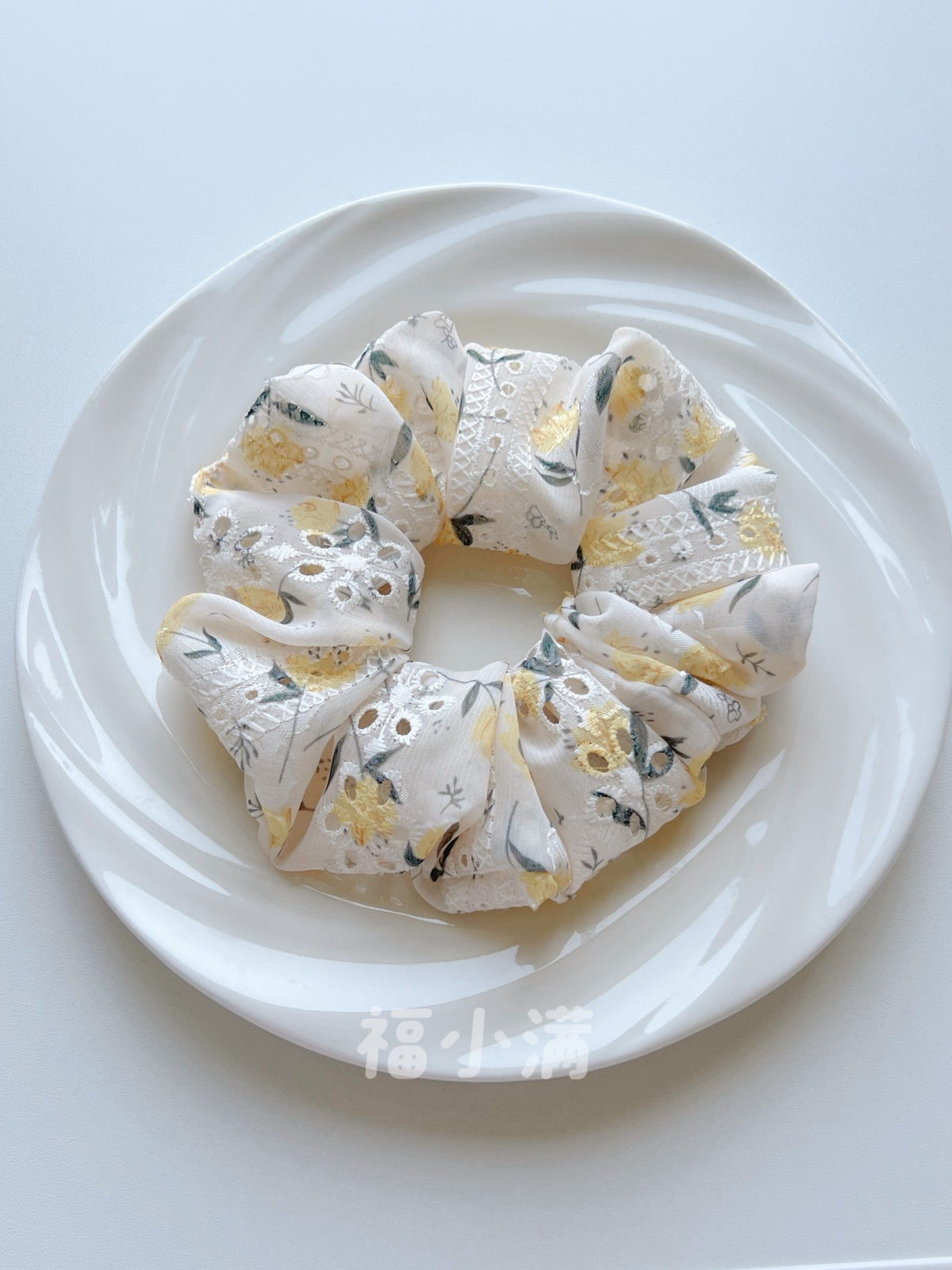 Ruffled Floral Scrunchie with Eyelet Embroidery