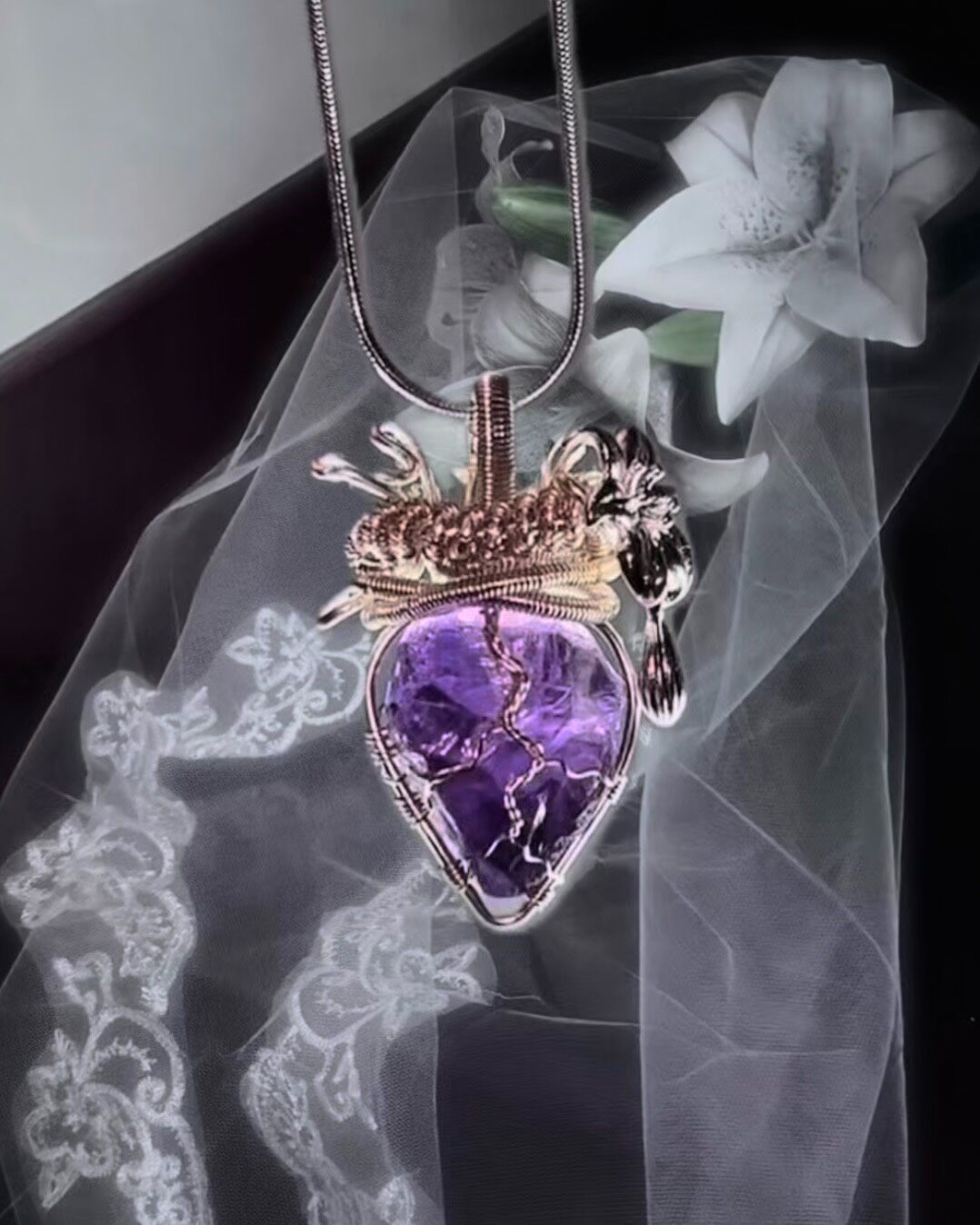 Amethyst Heart Wire Wrapped Pendant Necklace