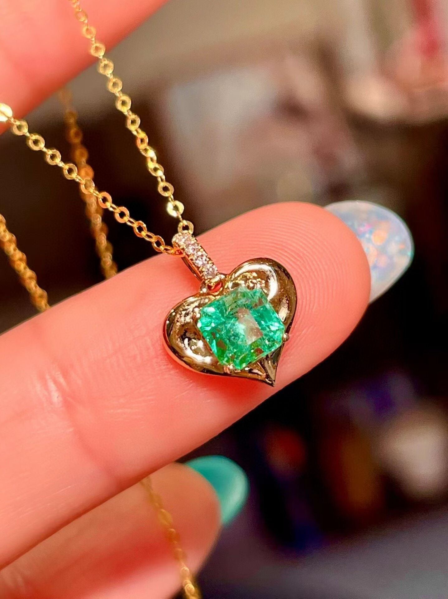 18k Gold Heart Pendant with Square Green Gemstone and Pavé Bail