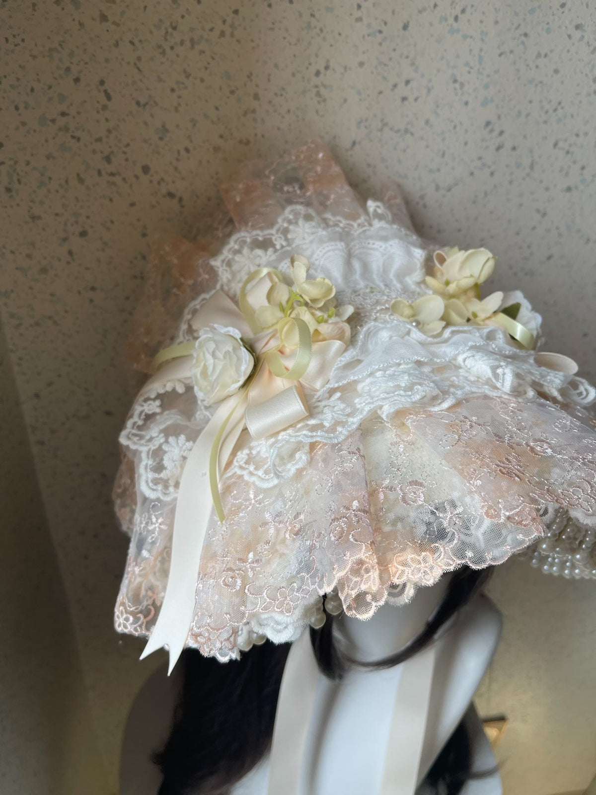 Lolita Bonnet Hat Pearl Fringe Lace