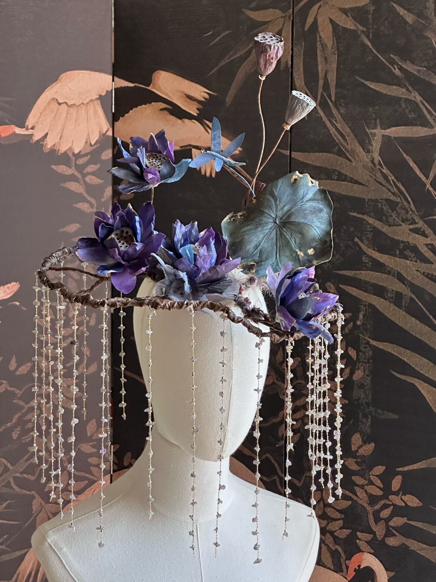 Lotus Flower Veil Headpiece with Beaded Drapes