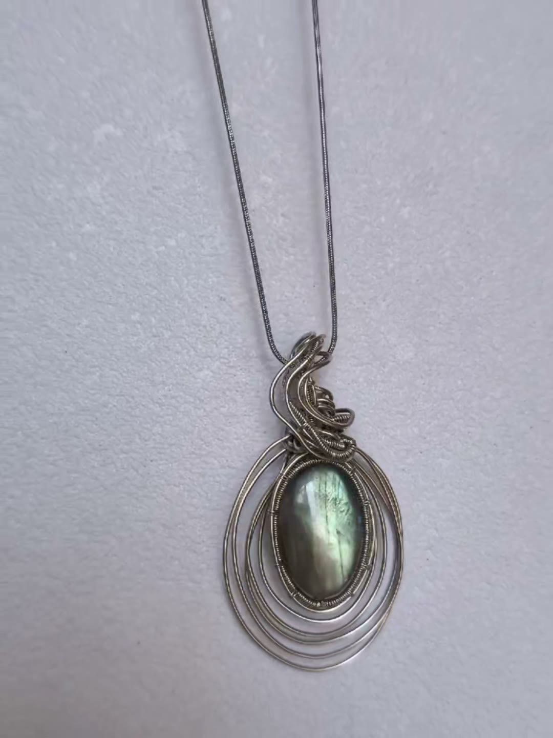 Oval Labradorite Wire Wrapped Pendant Necklace