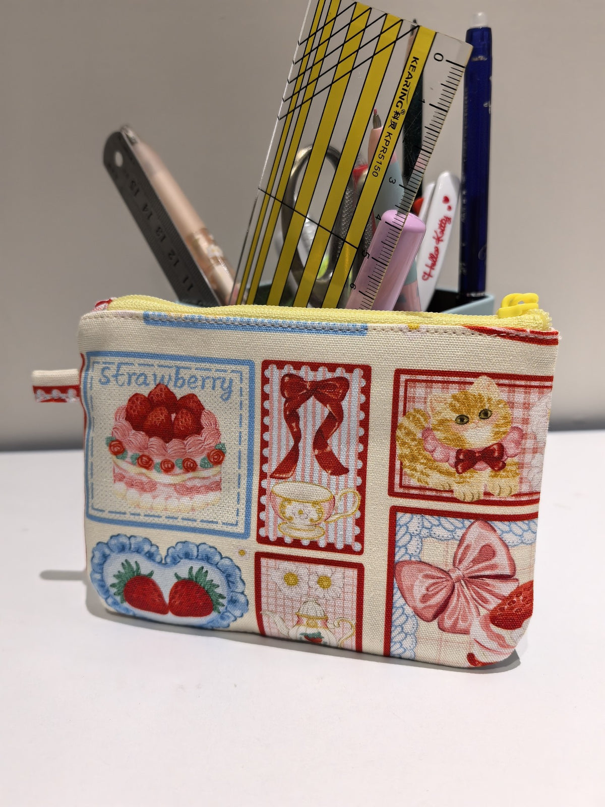 Zippered Flat Pouch with Cat Strawberry Print