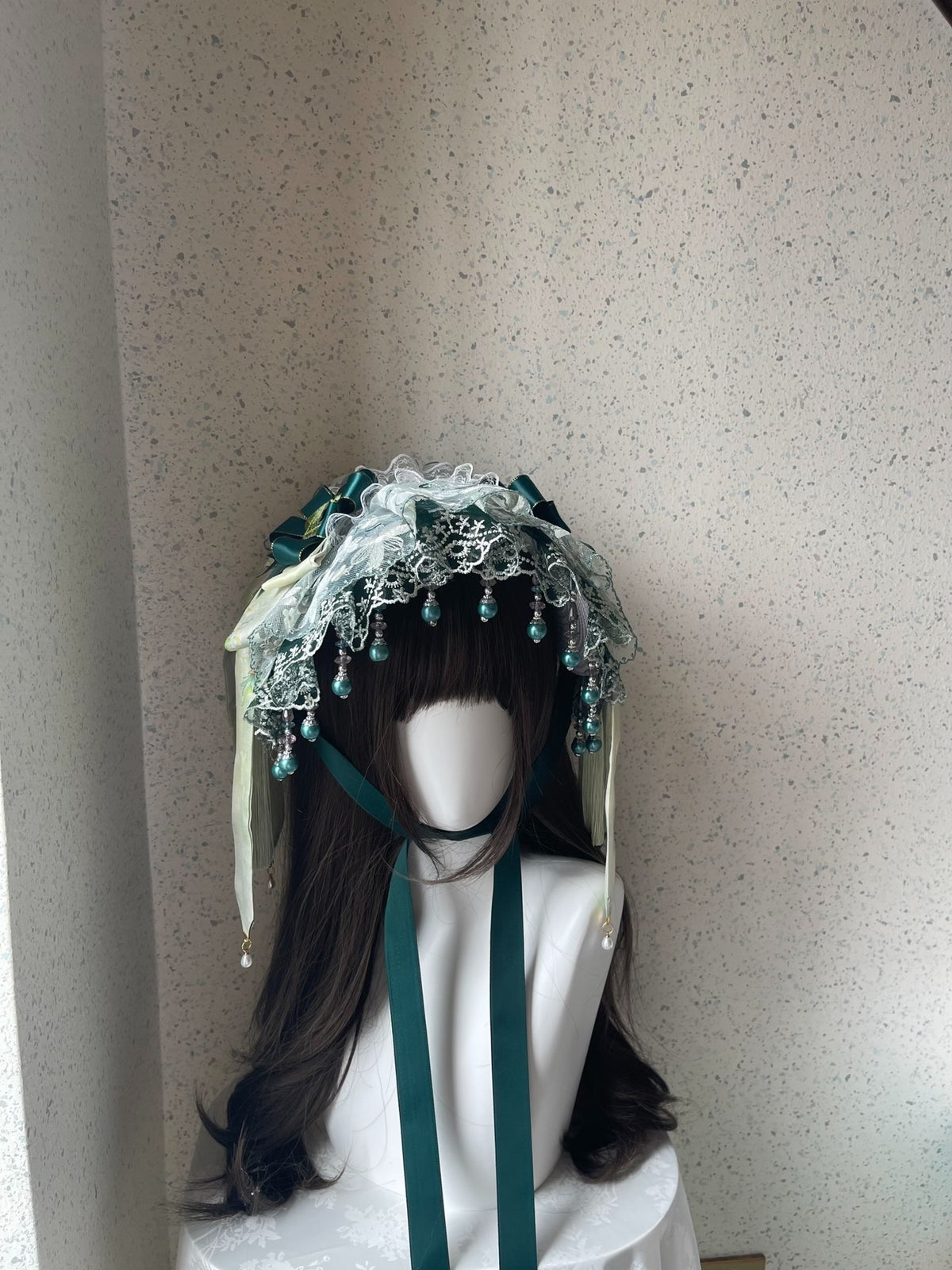 Handmade Lolita Green Lace Flat Bonnet