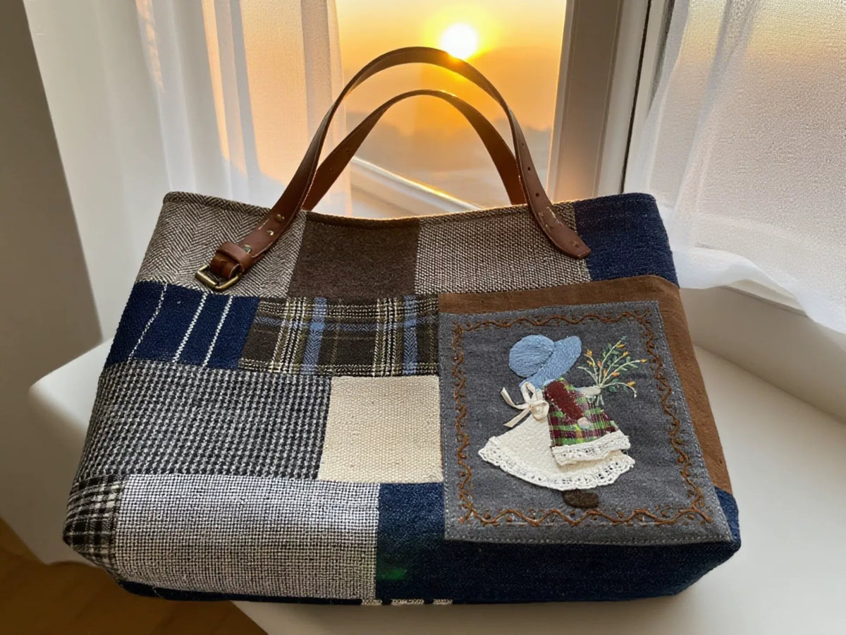 Handgefertigte Patchwork-Tote-Bag mit Ledergriffen