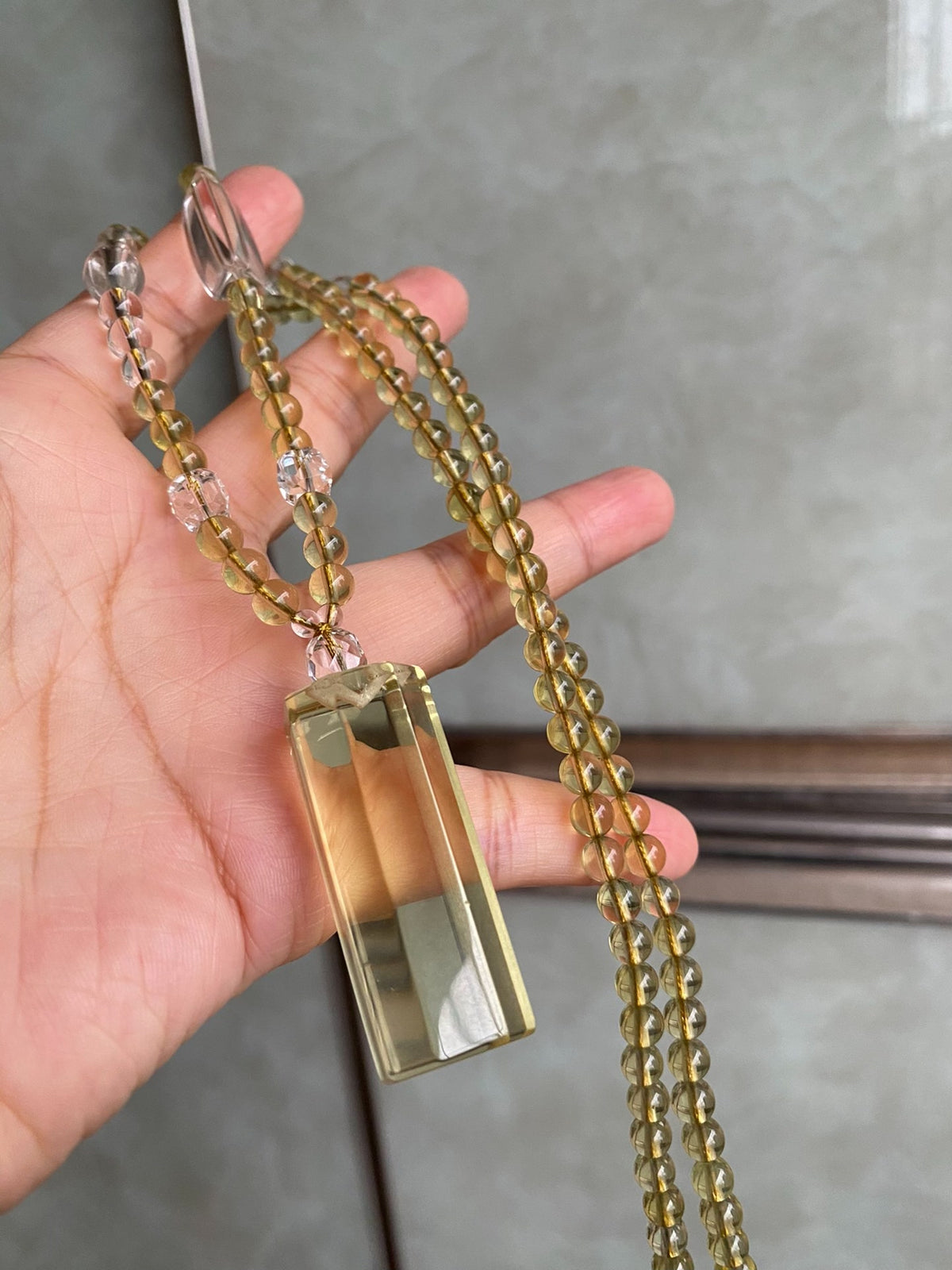 Lemon Yellow Crystal Necklace with Column Pendant