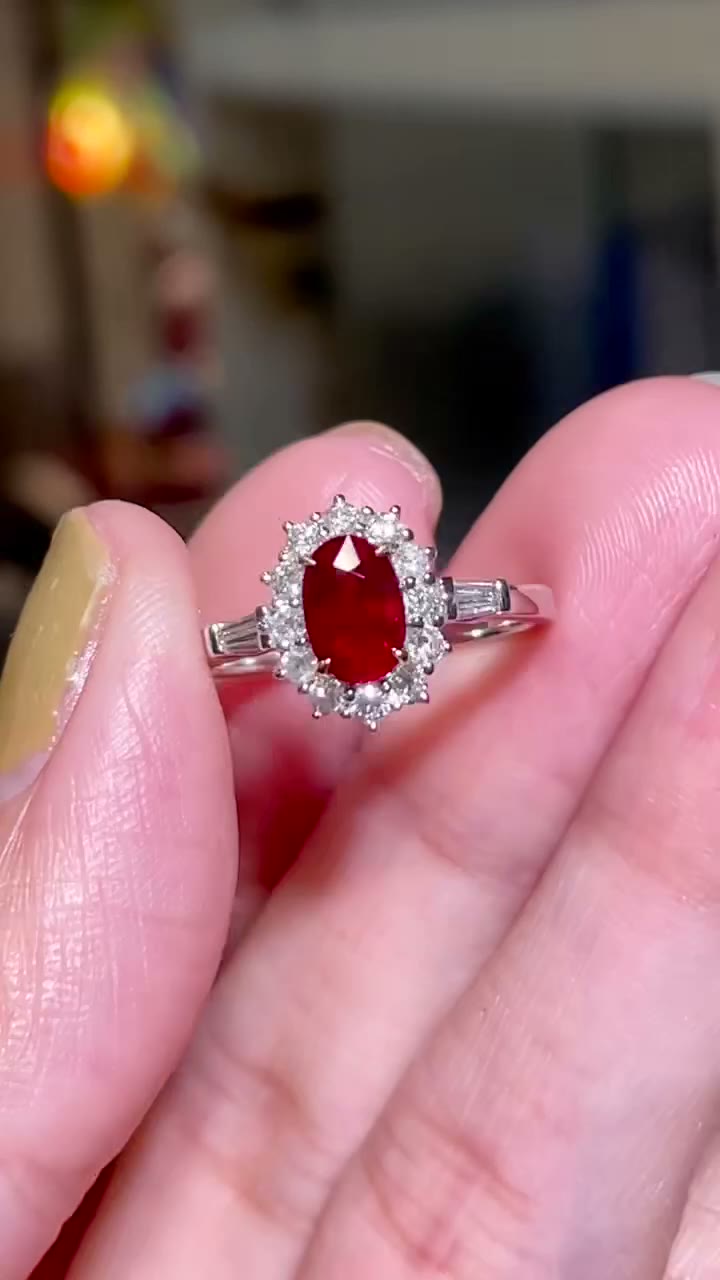 Ruby Halo Ring with Baguette Accents
