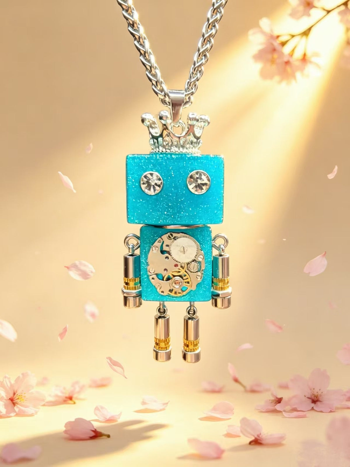 Blue Robot Pendant Necklace with Crown