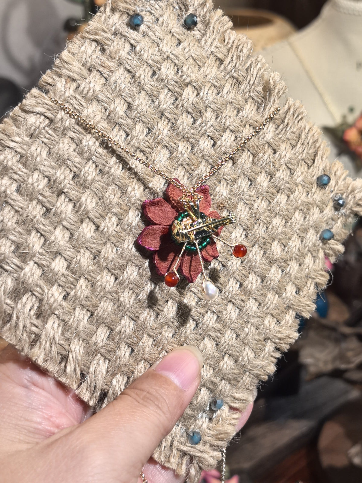 Handmade Leather Flower Necklace Brooch