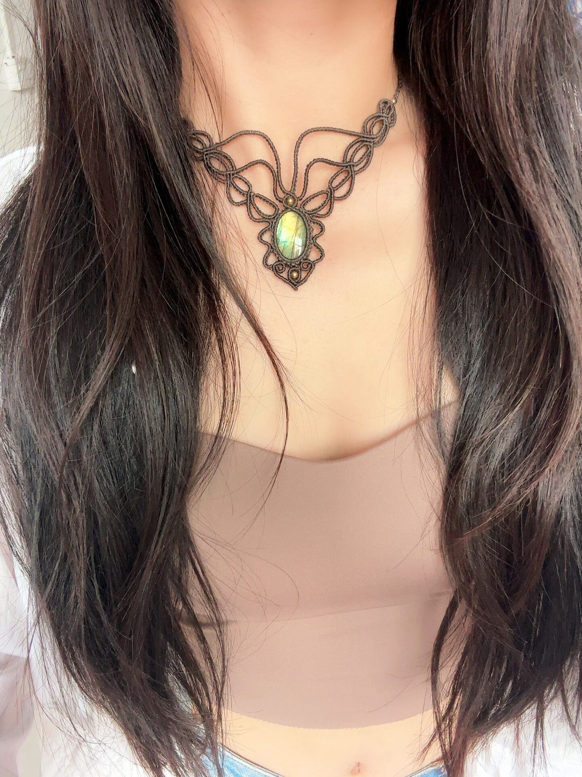 Handcrafted Macrame Necklace With Iridescent Stone